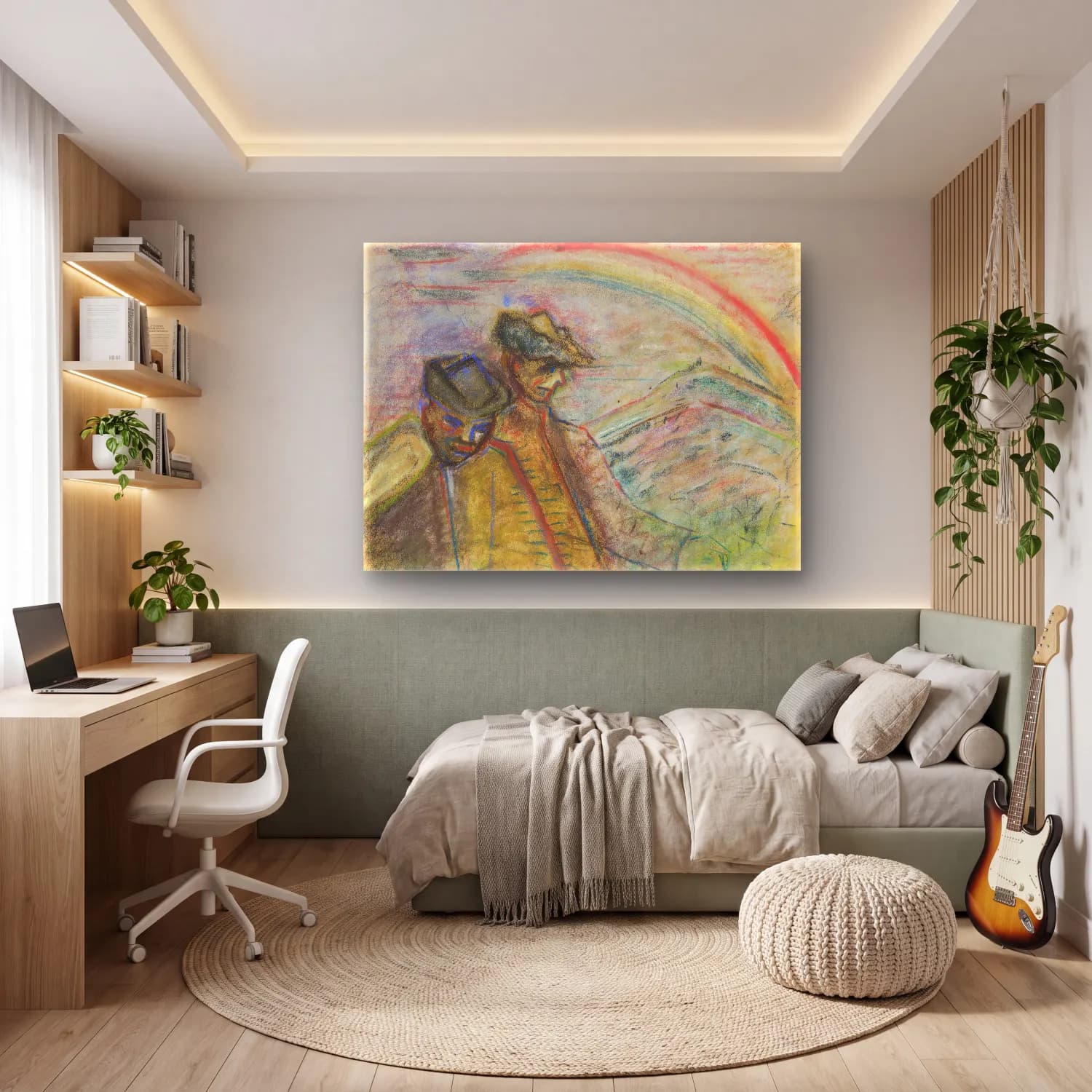 Empresyonist Güneş ve Gökkuşağı – Pastel Tonlar cam tablo — genç odasında