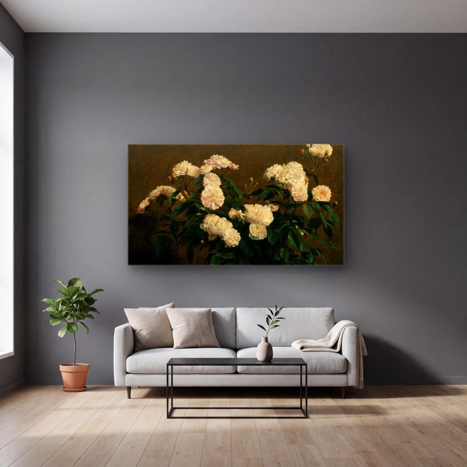Henri Fantin-Latour – Still Life of White Roses cam tablo — gri duvarlı salonda