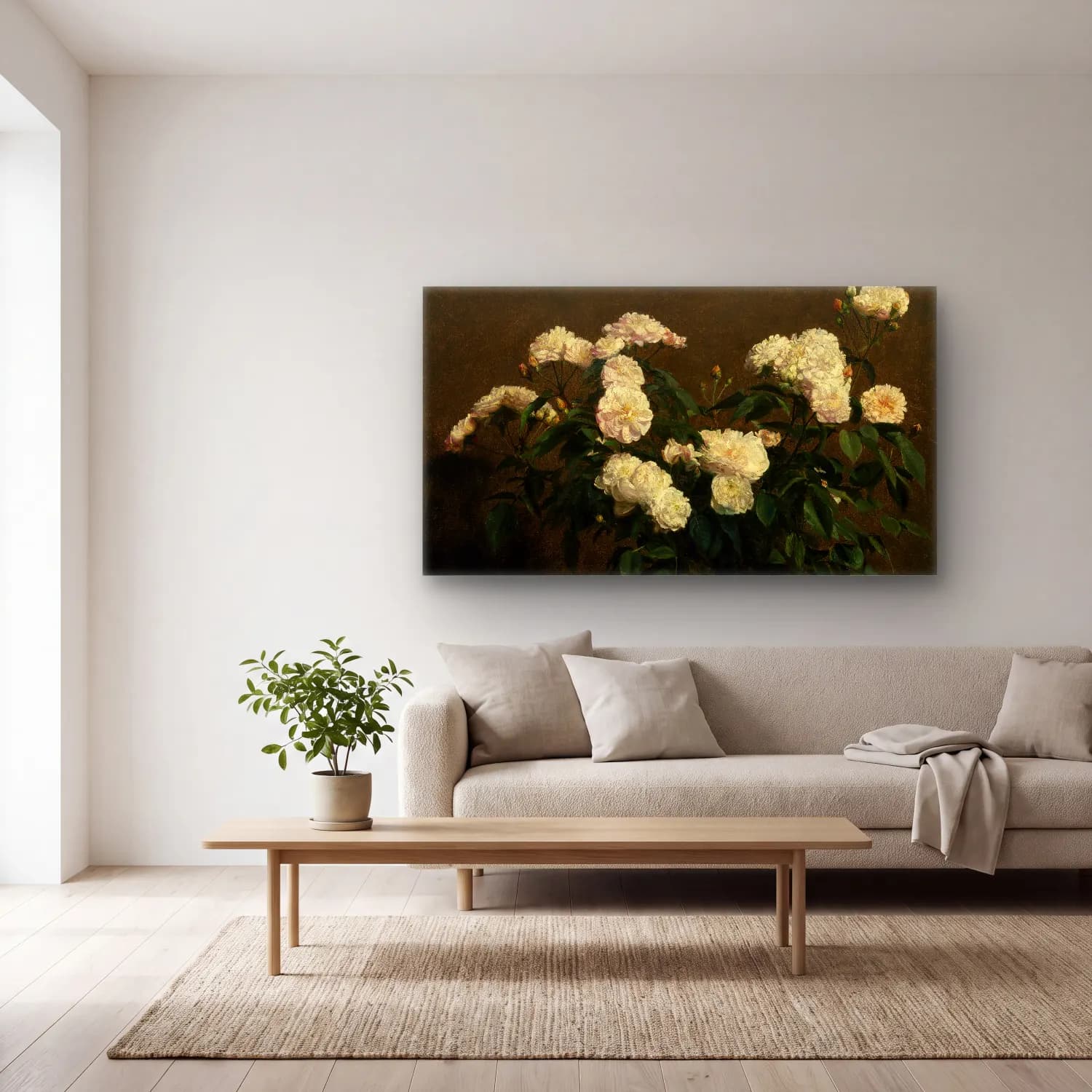 Henri Fantin-Latour – Still Life of White Roses cam tablo — açık renk salonda