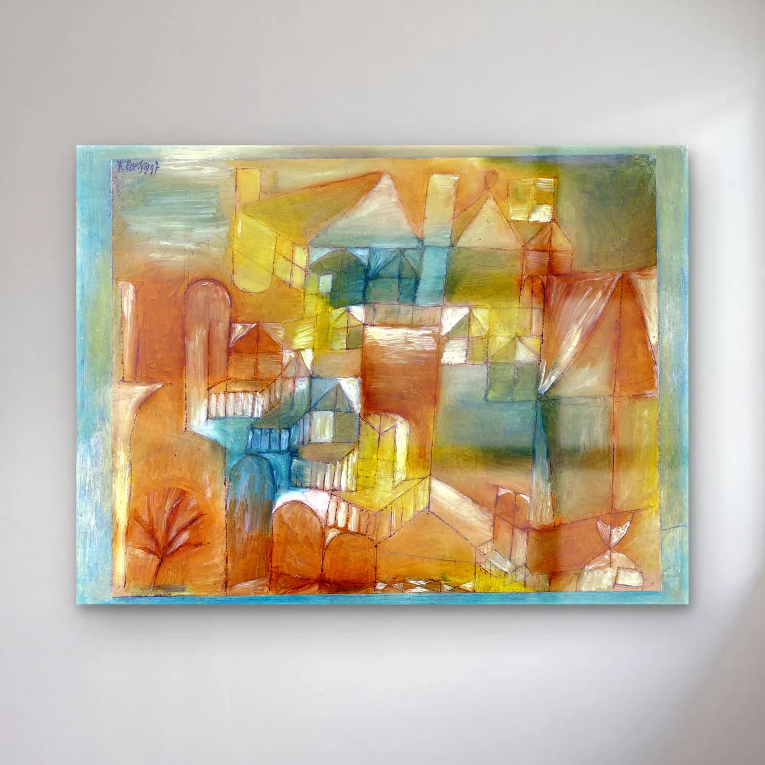 Paul Klee – Fasçsade brown-green No. 3 cam tablo — Paul Klee – Fasçsade brown-green No. 3 — modern soyut köy sokağı
