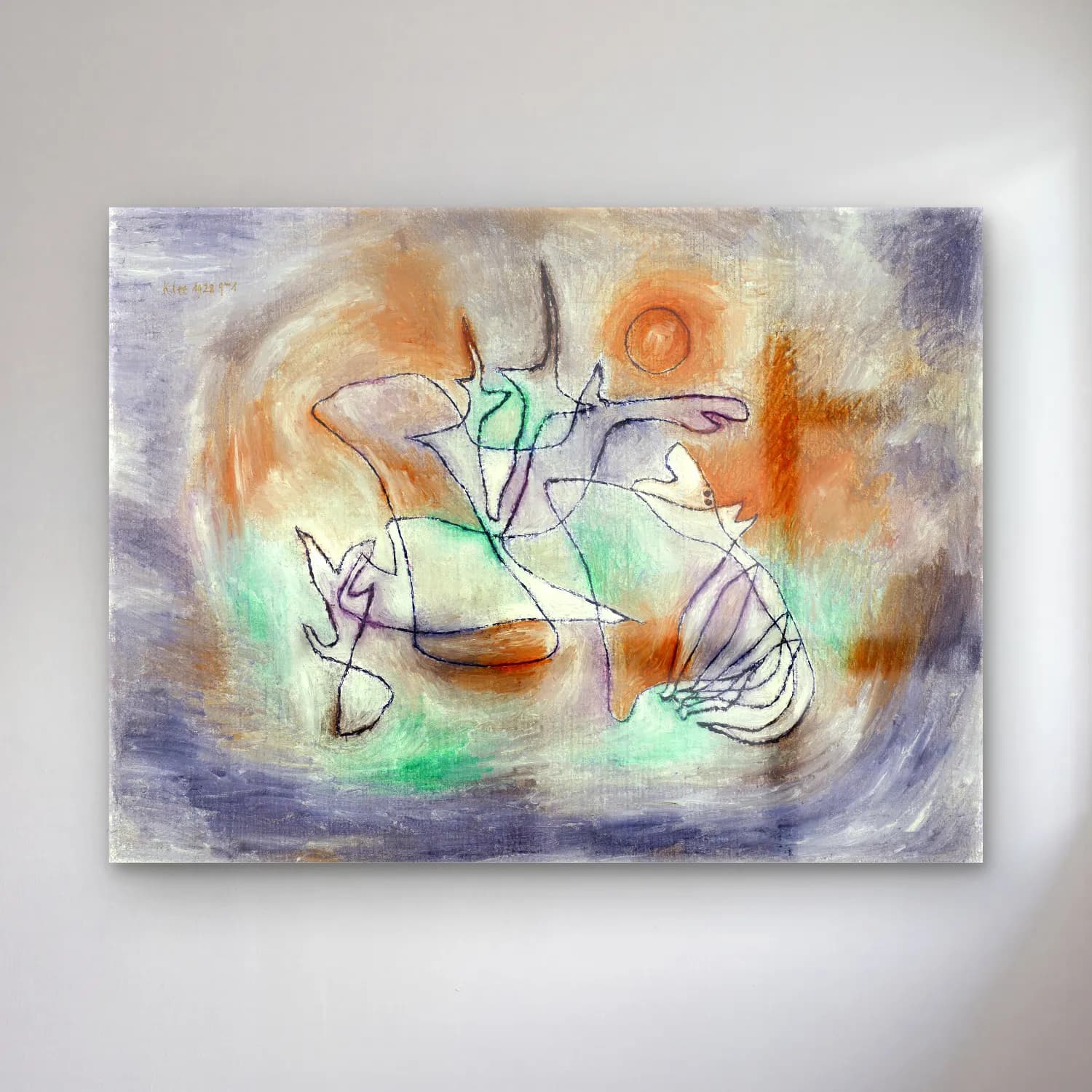 Paul Klee – Howling Dog cam tablo — Paul Klee – Howling Dog — modern soyut mitolojik sahne