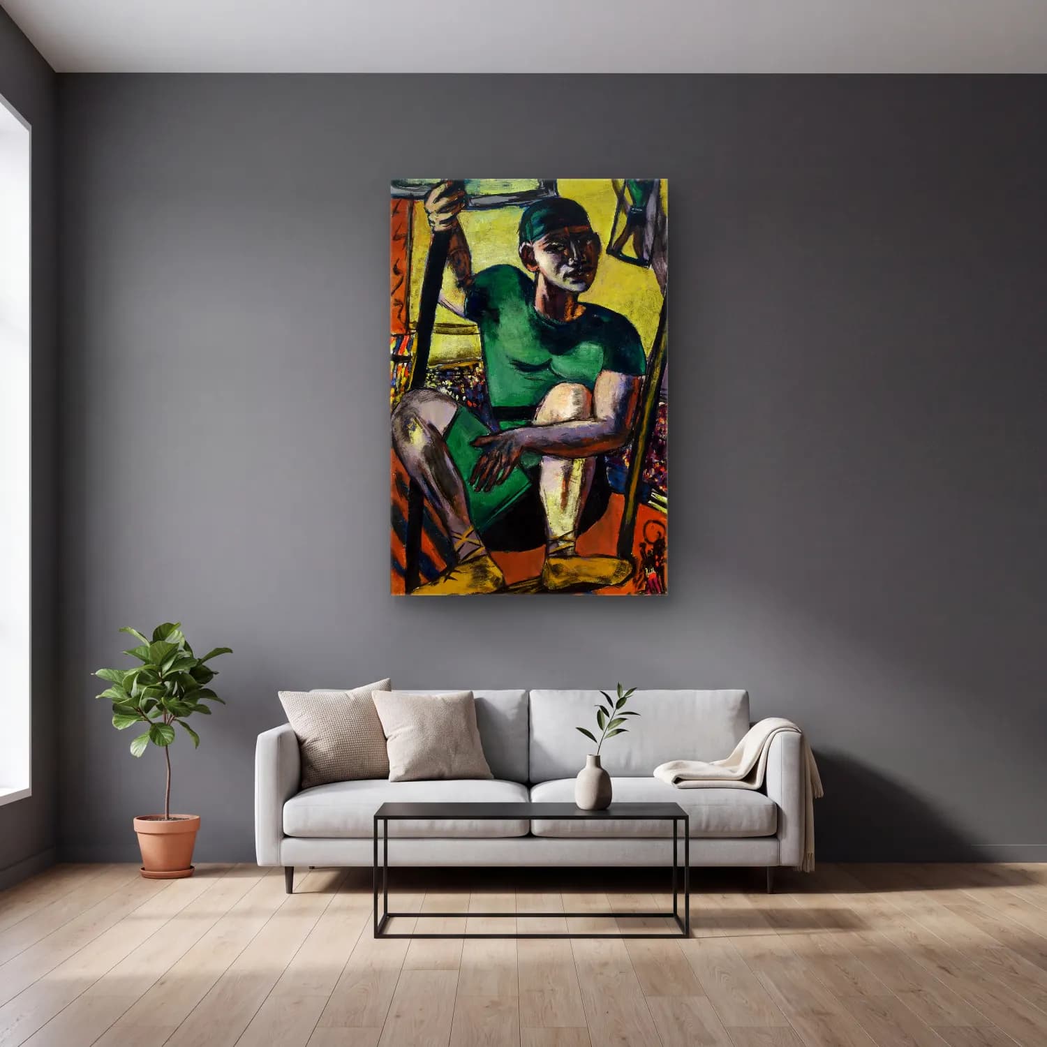 Max Beckmann – Acrobat on the Trapeze cam tablo — gri duvarlı salonda