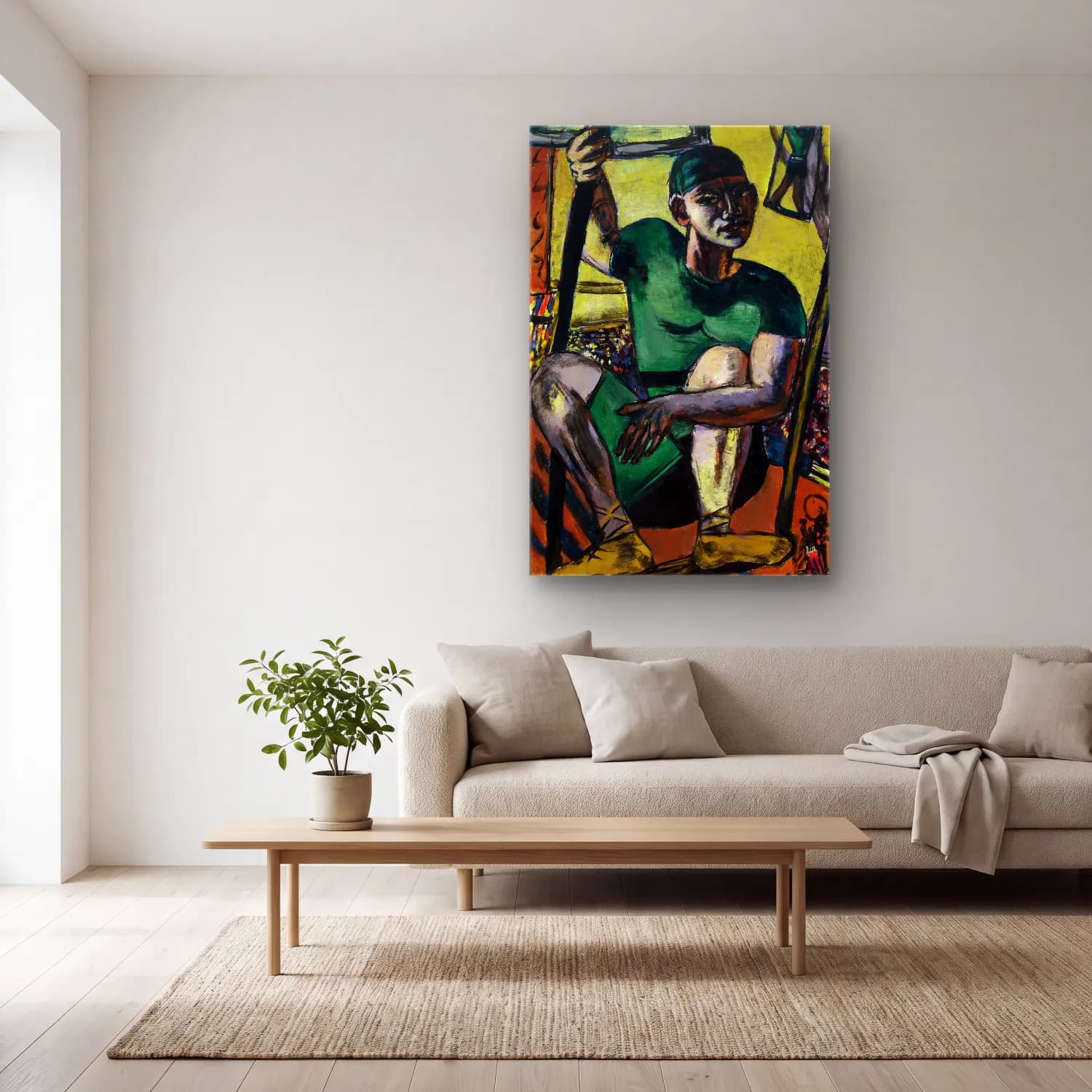 Max Beckmann – Acrobat on the Trapeze cam tablo — açık renk salonda