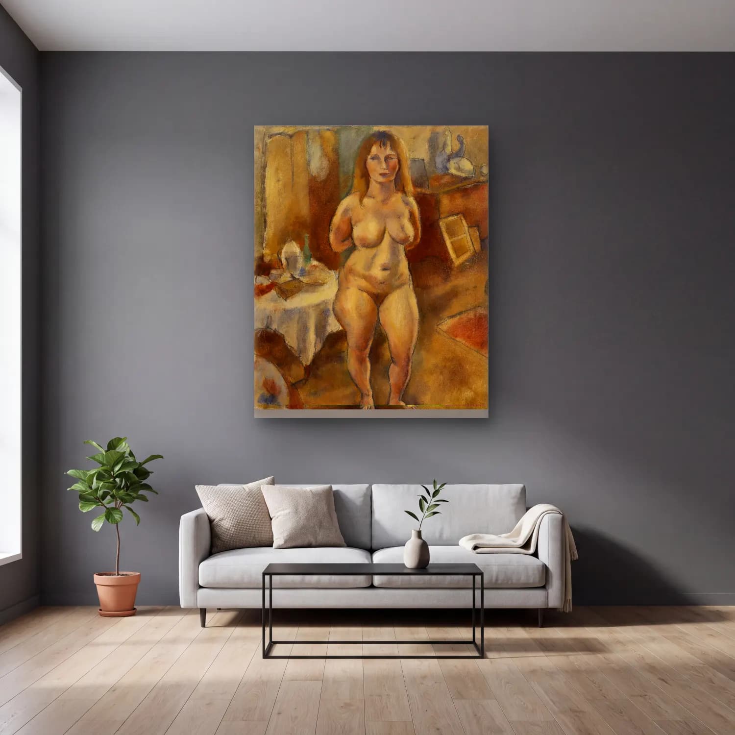 Jules Pascin – Standing Nude in the Studio (Nu debout Ã l atelier) cam tablo — gri duvarlı salonda