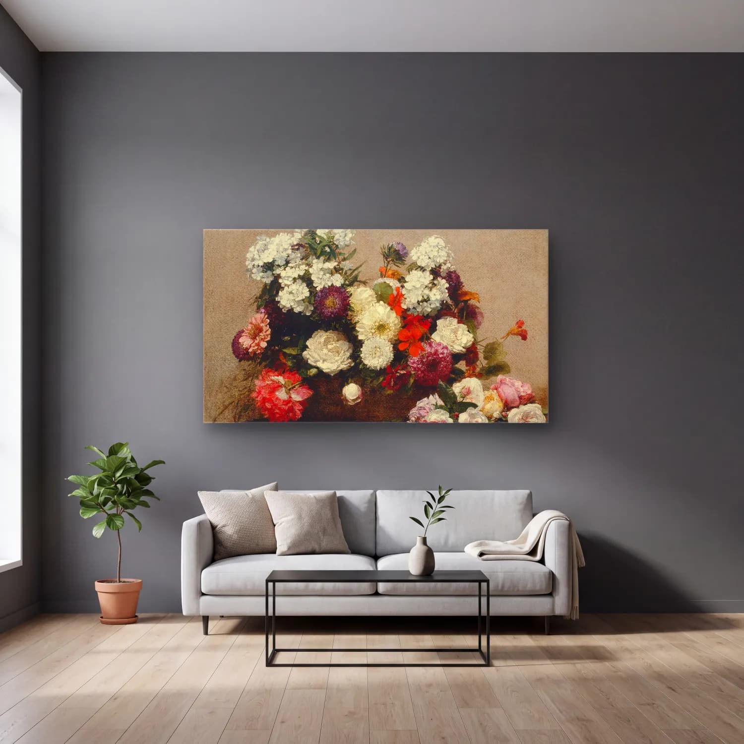 Henri Fantin-Latour – Still Life with Flowers cam tablo — gri duvarlı salonda