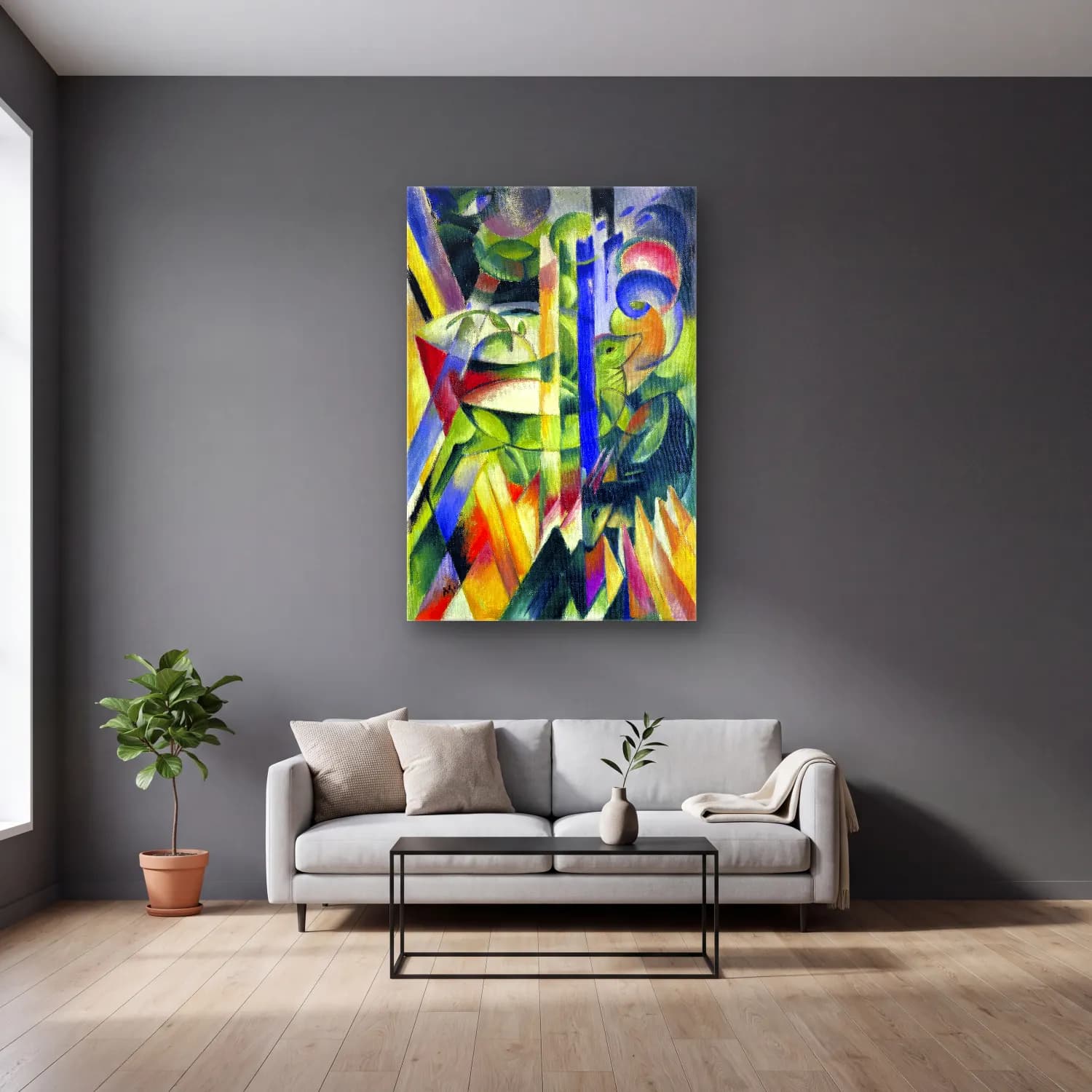 Franz Marc – The Little Mountain Goats painting in high resolution cam tablo — gri duvarlı salonda