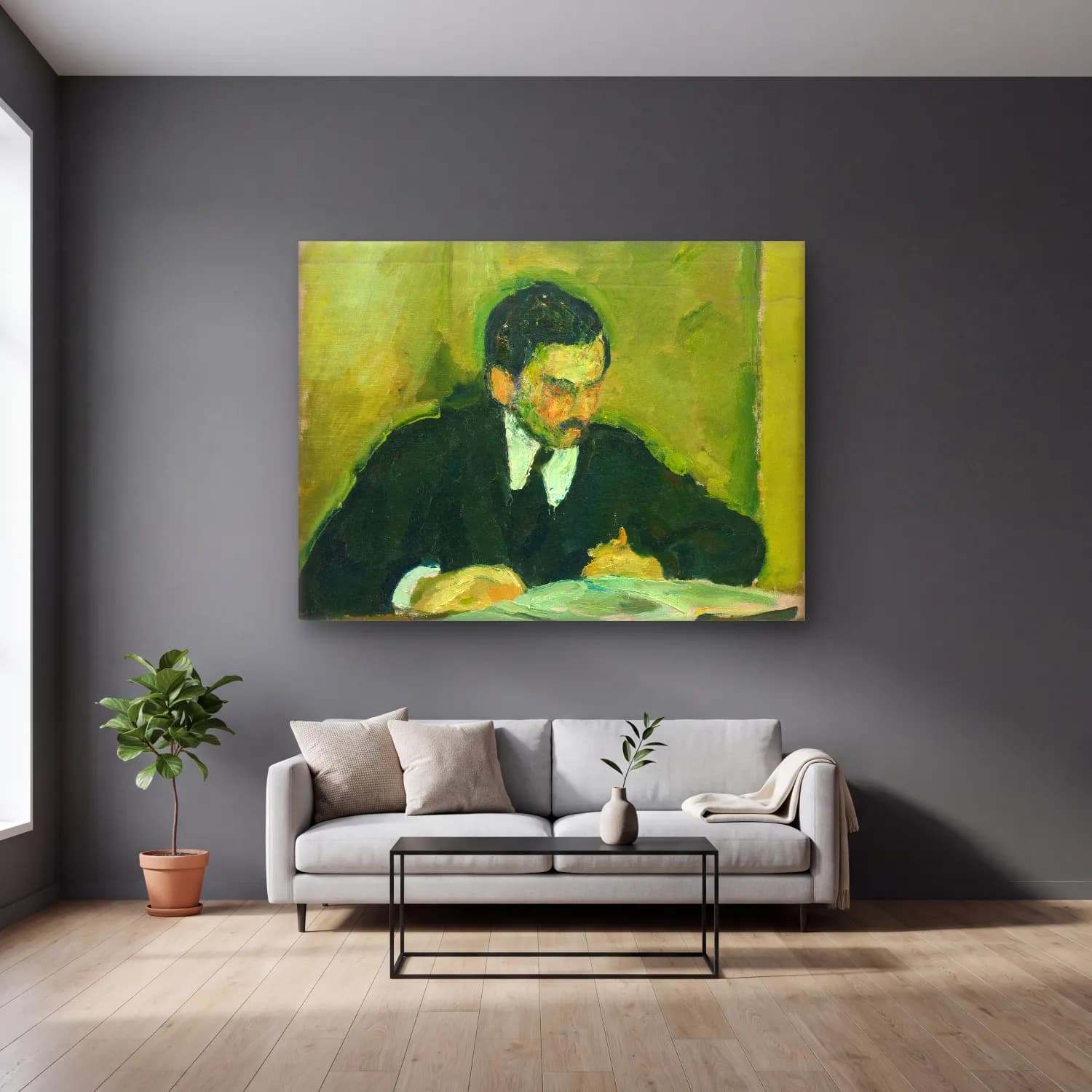 Harald Giersing – The painter Ernst Goldschmidt reading cam tablo — gri duvarlı salonda