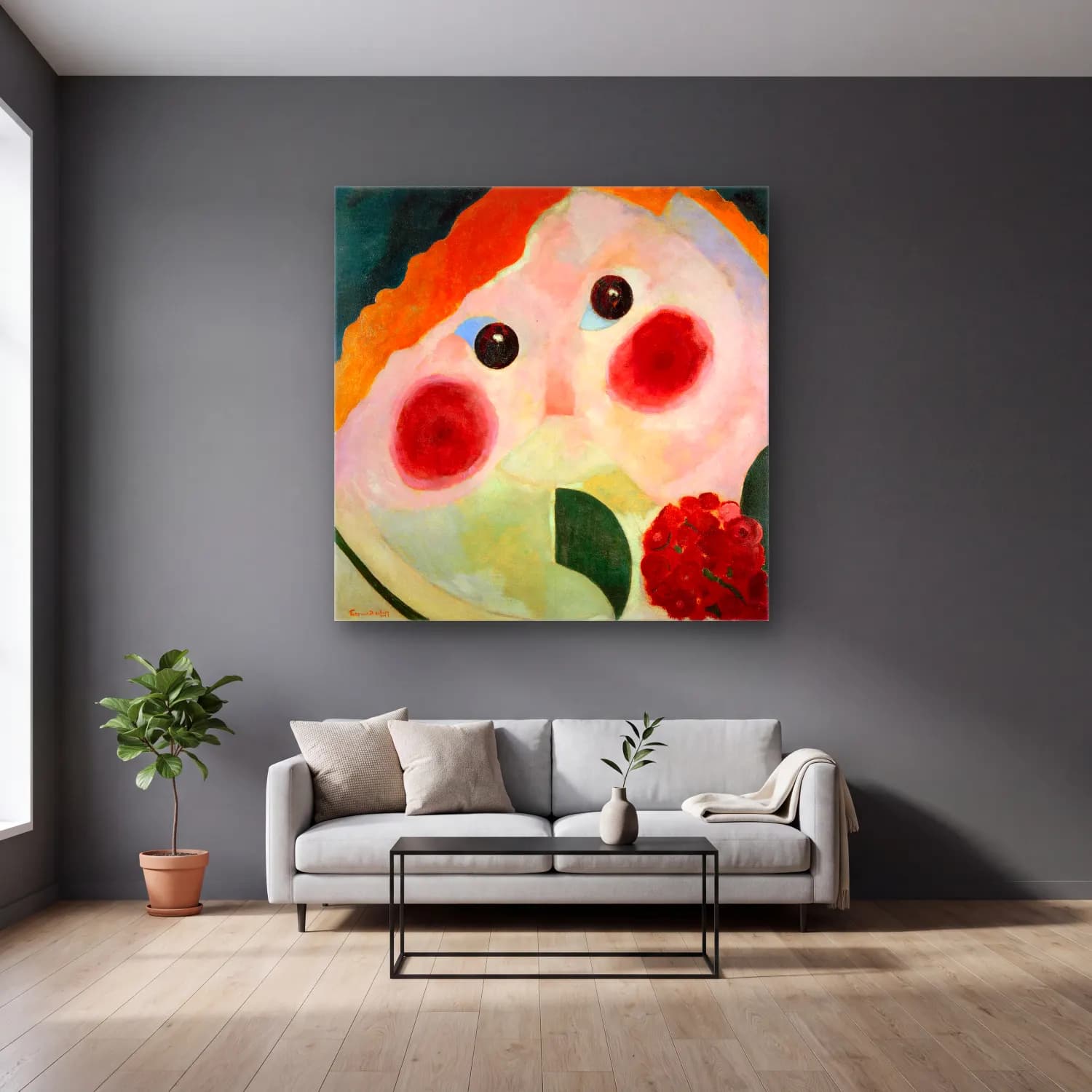 Theo van Doesburg – Girl with Ranunculus cam tablo — gri duvarlı salonda