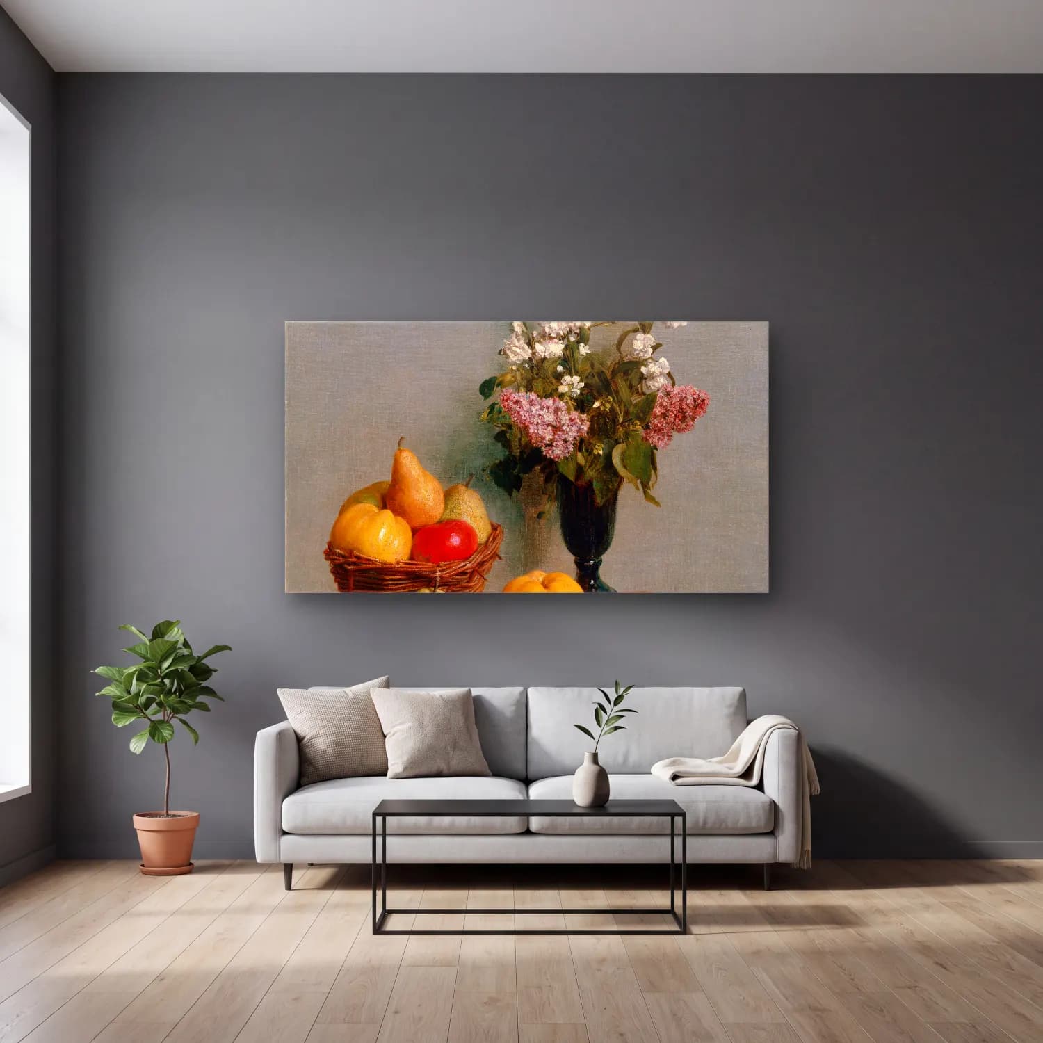 Henri Fantin-Latour – Still Life with Flowers and Fruit cam tablo — gri duvarlı salonda
