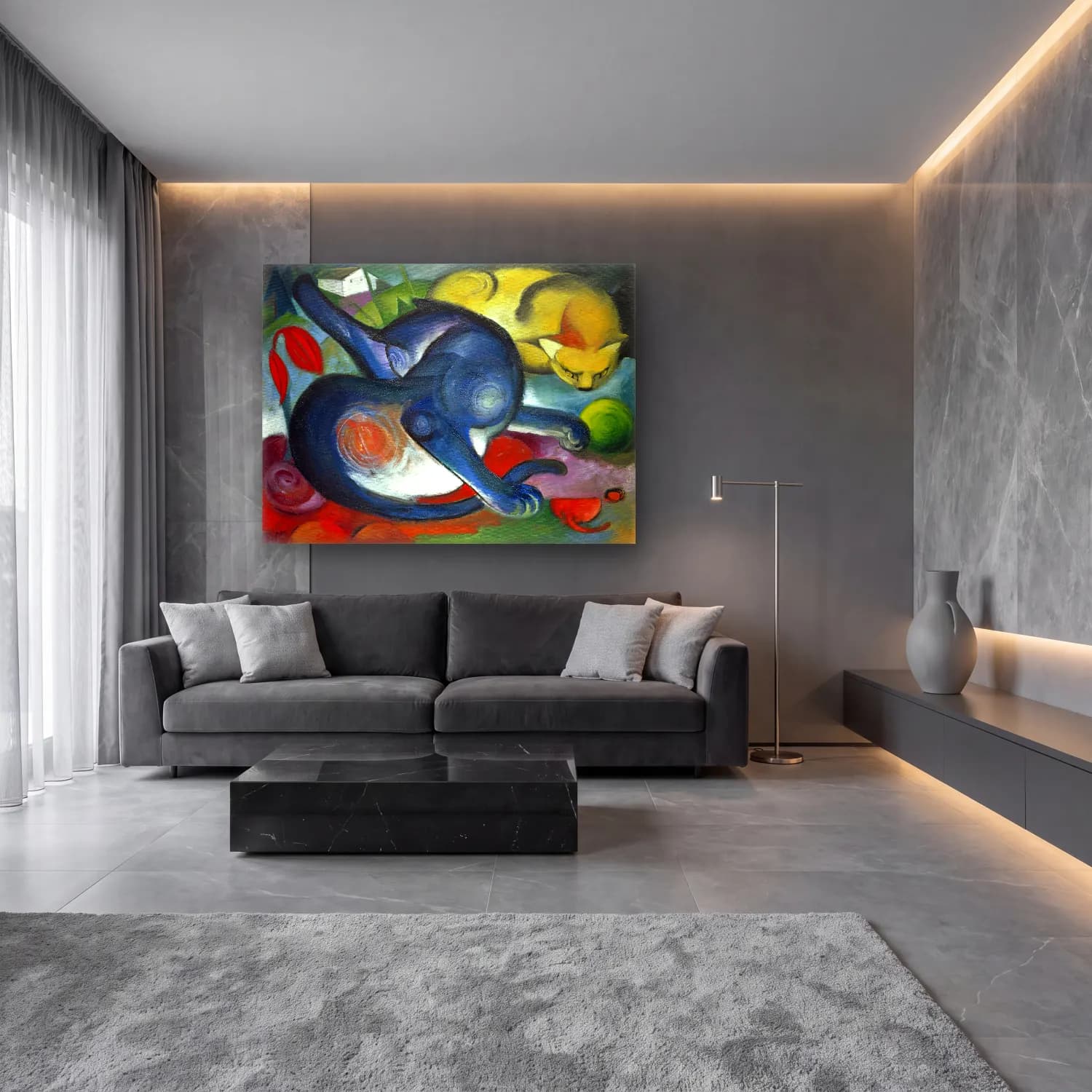 Franz Marc – Two cats, blue and yellow painting in high resolution cam tablo — lüks salon duvarında