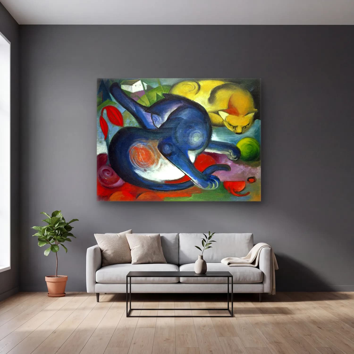 Franz Marc – Two cats, blue and yellow painting in high resolution cam tablo — gri duvarlı salonda