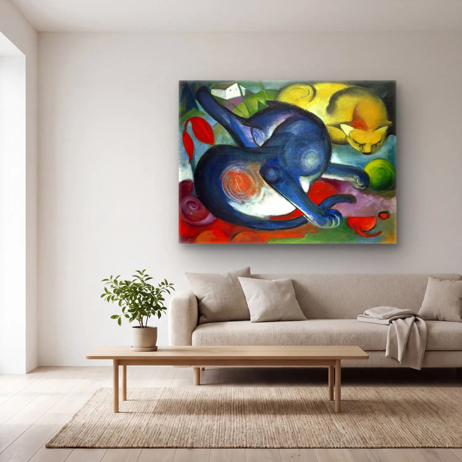 Franz Marc – Two cats, blue and yellow painting in high resolution cam tablo — açık renk salonda