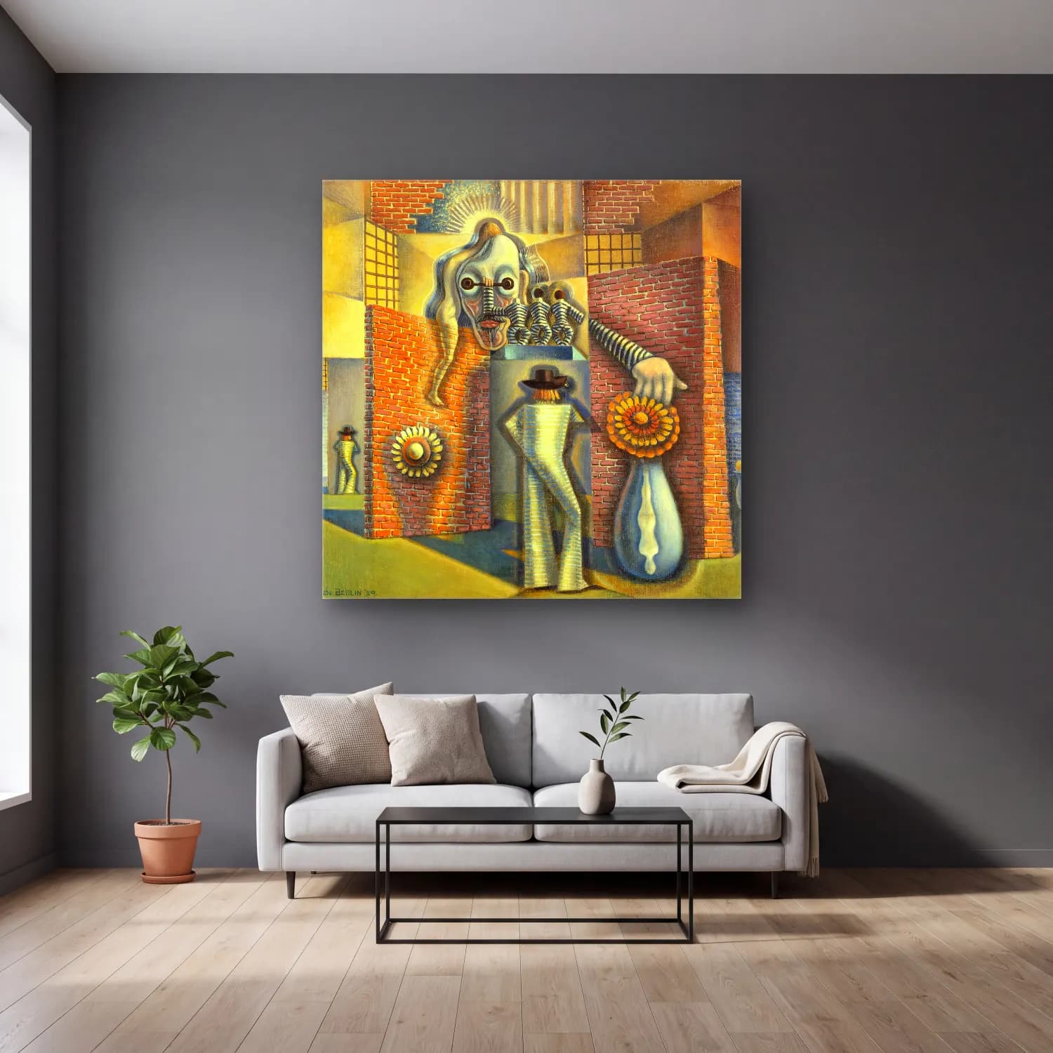 Benjamin F Berlin – Untitled (Surreal Abstraction) cam tablo — gri duvarlı salonda