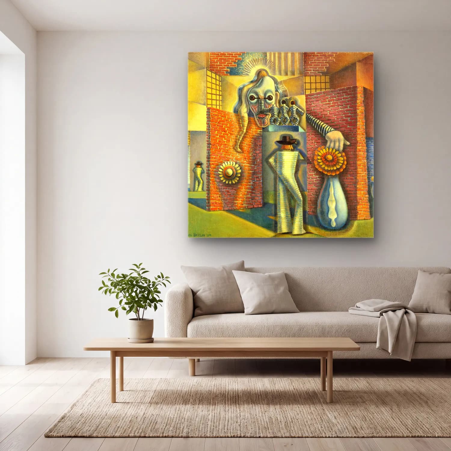 Benjamin F Berlin – Untitled (Surreal Abstraction) cam tablo — açık renk salonda