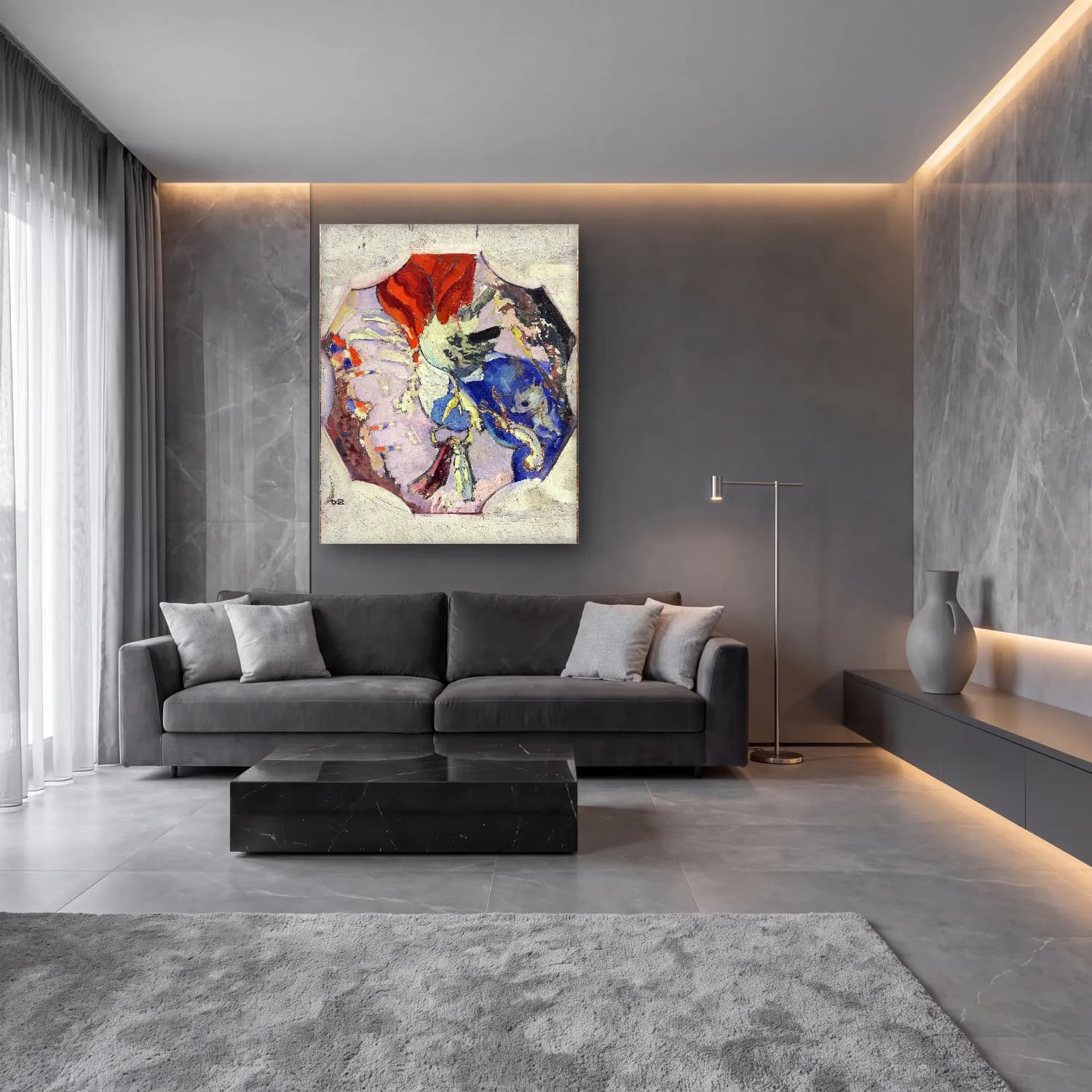 Modern Soyut Yengeç cam tablo — lüks salon duvarında