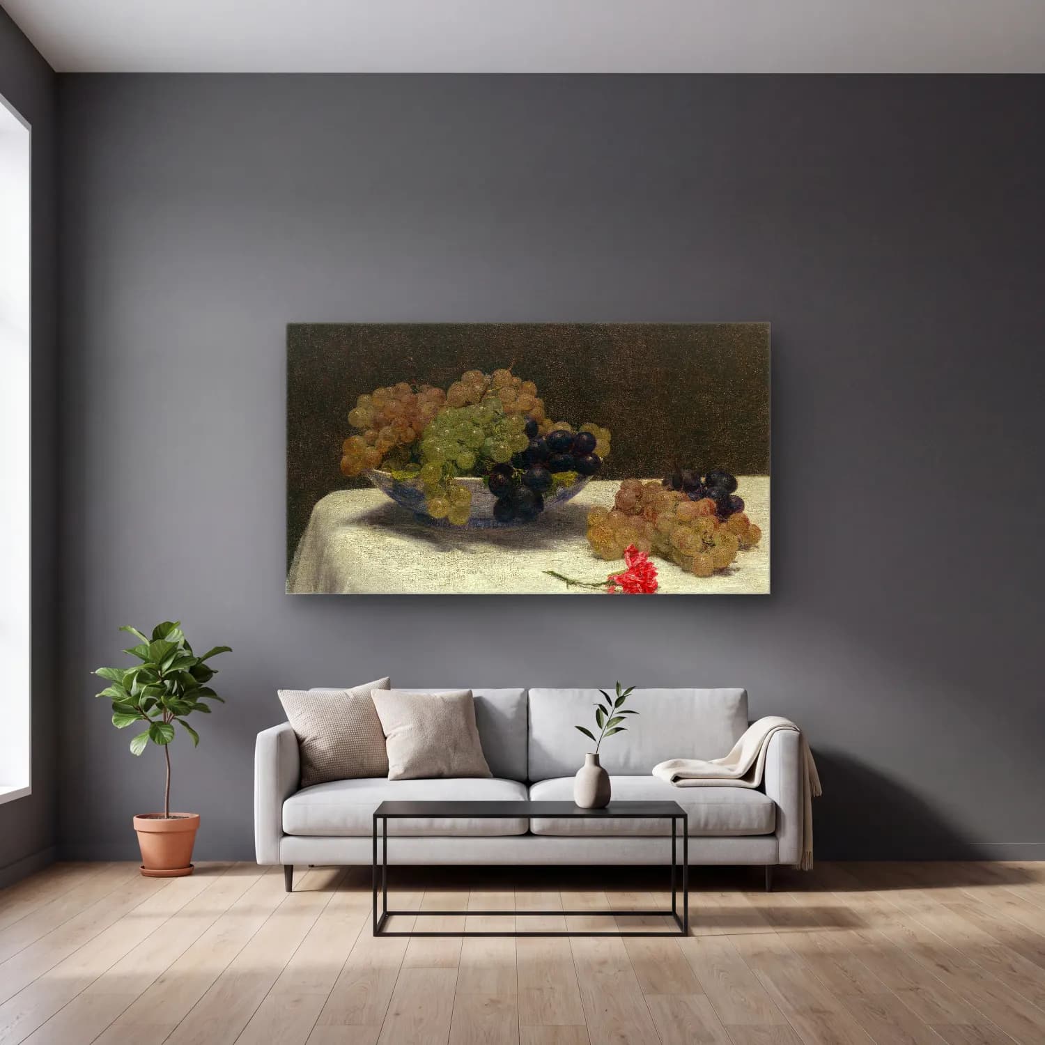 Henri Fantin-Latour – Still Life with Grapes and a Carnation cam tablo — gri duvarlı salonda