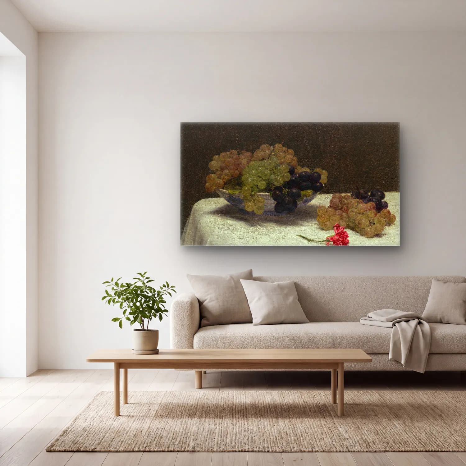 Henri Fantin-Latour – Still Life with Grapes and a Carnation cam tablo — açık renk salonda