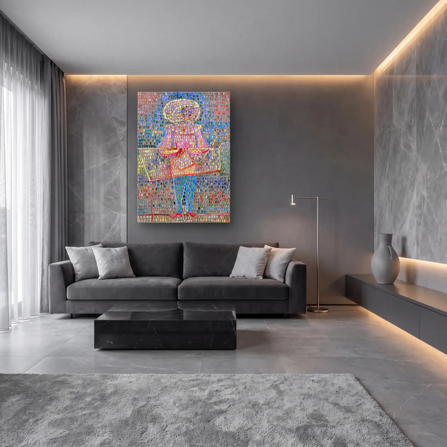 Modern Soyut Şövalye – Pembe Tonlar cam tablo — lüks salon duvarında