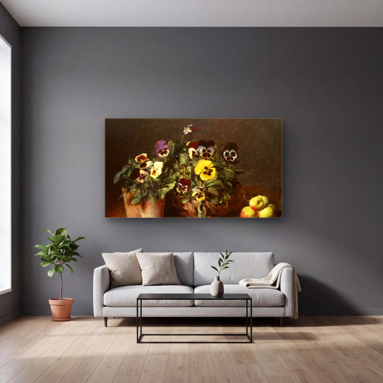 Henri Fantin-Latour – Still Life with Pansies cam tablo — gri duvarlı salonda