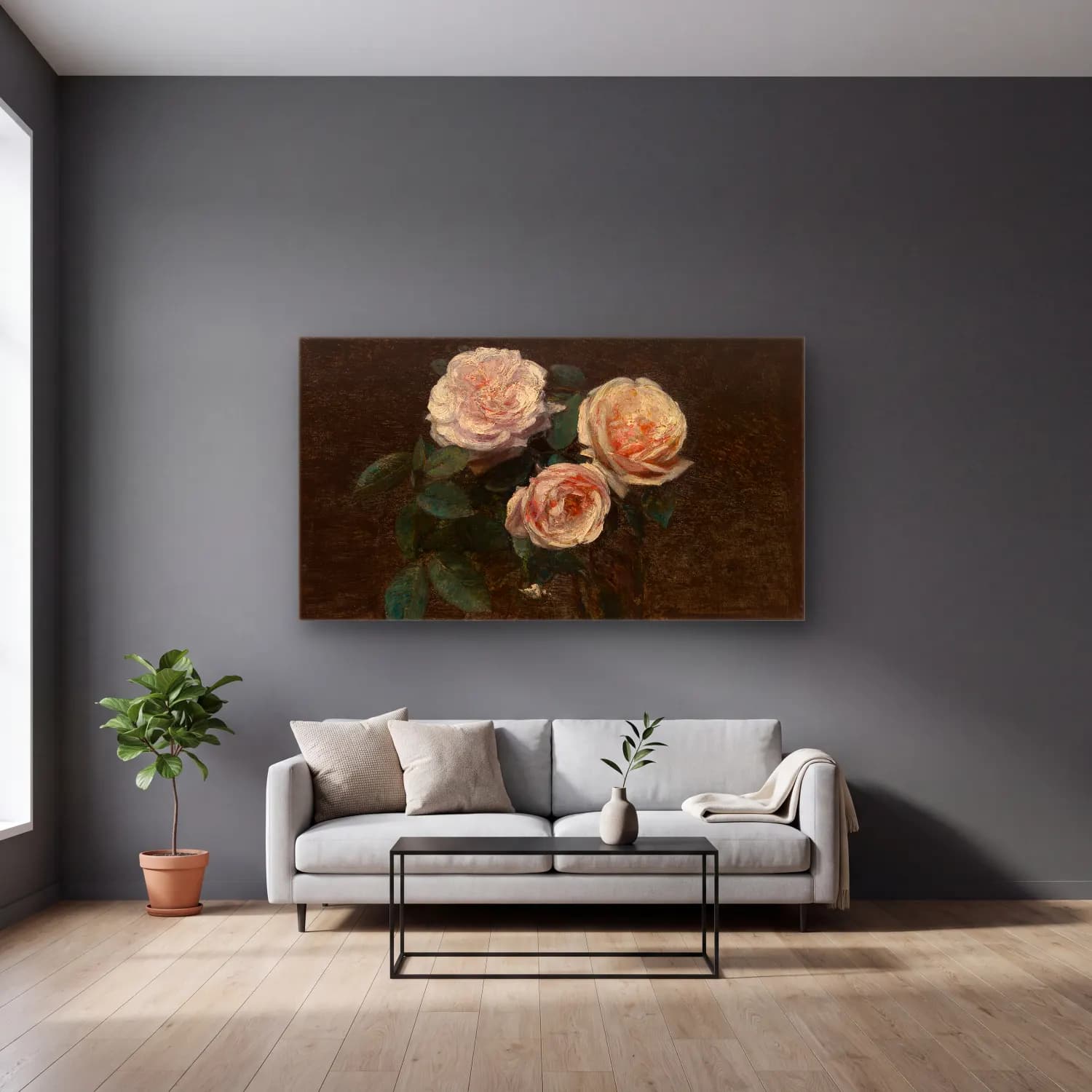 Henri Fantin-Latour – Still Life with Roses cam tablo — gri duvarlı salonda