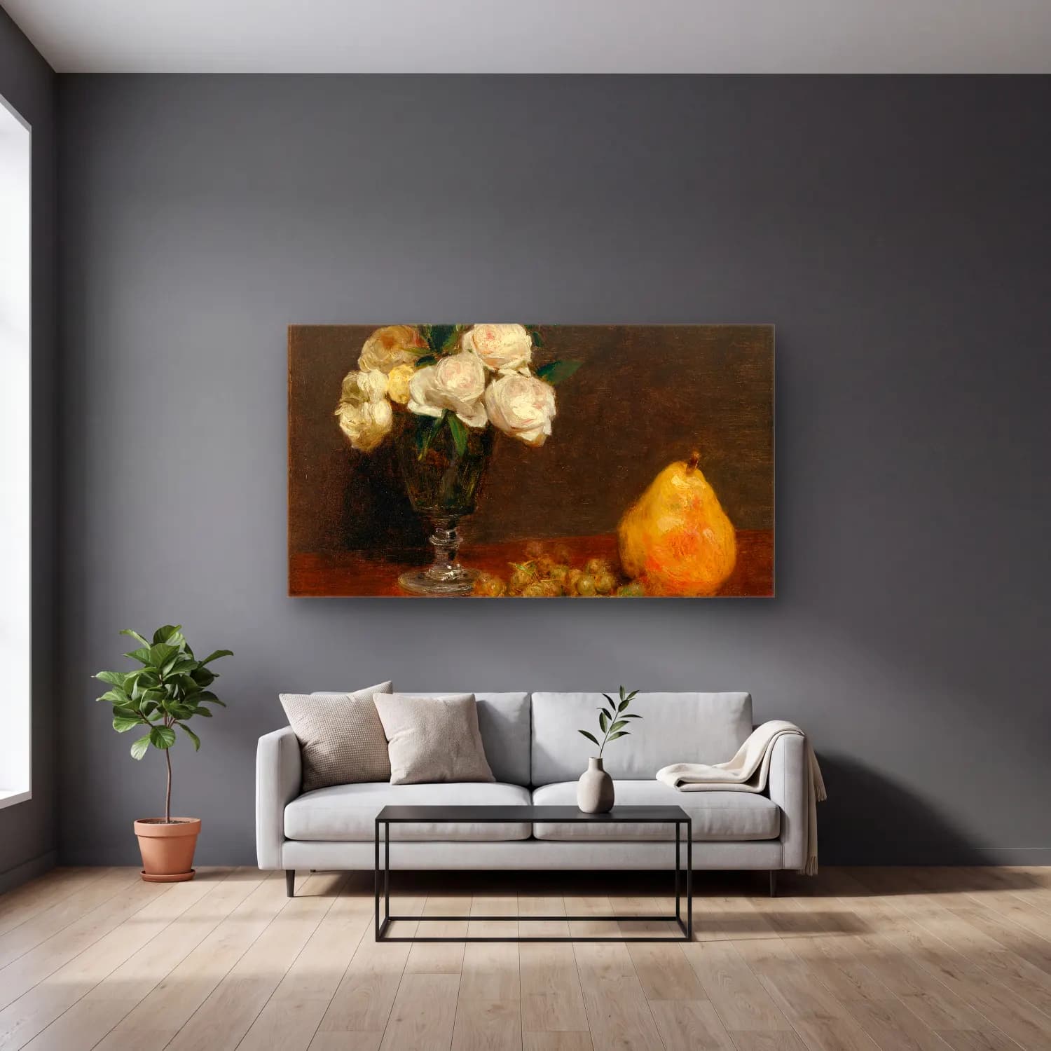 Henri Fantin-Latour – Still Life with Roses and Fruit cam tablo — gri duvarlı salonda