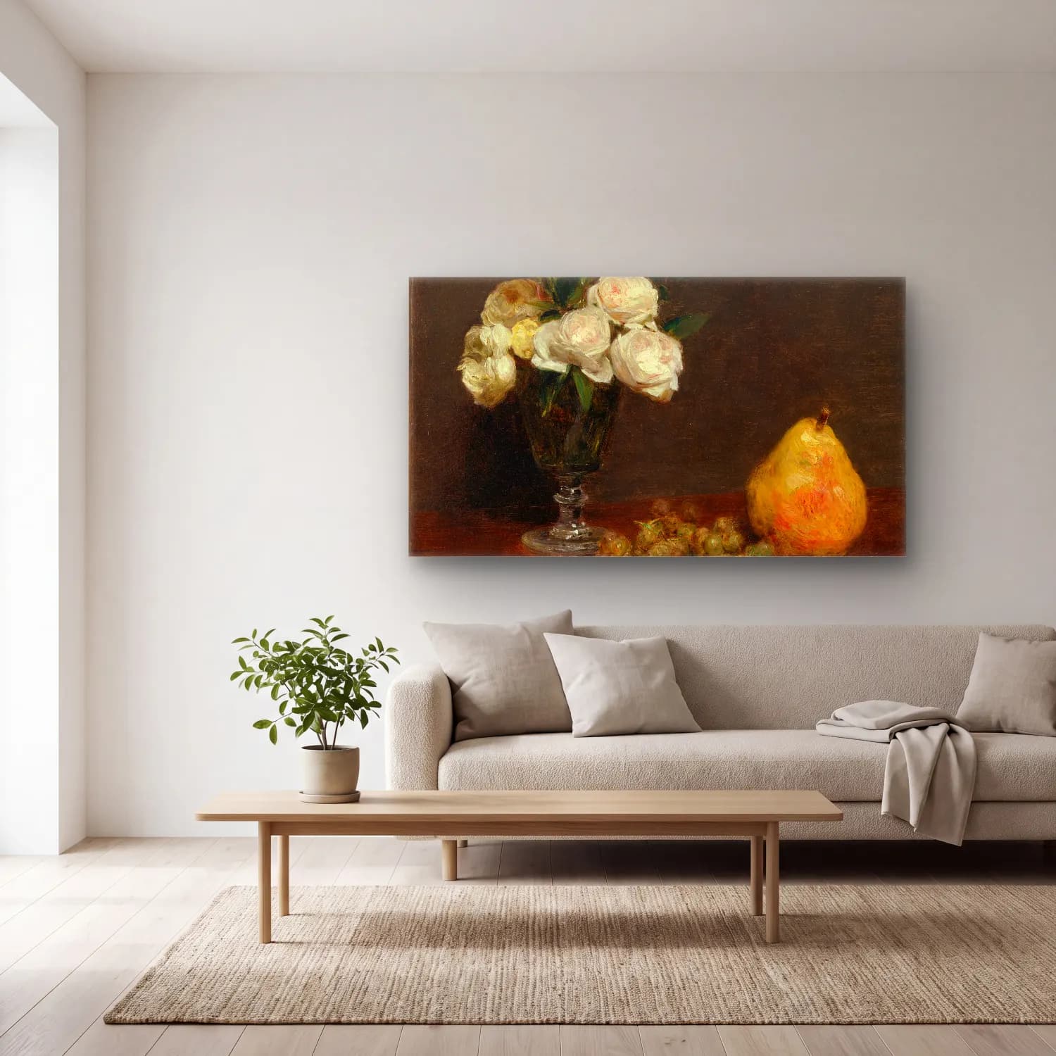 Henri Fantin-Latour – Still Life with Roses and Fruit cam tablo — açık renk salonda