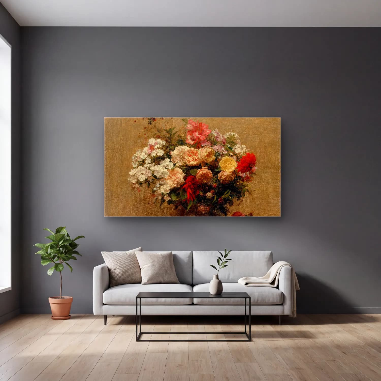 Henri Fantin-Latour – Summer Flowers cam tablo — gri duvarlı salonda