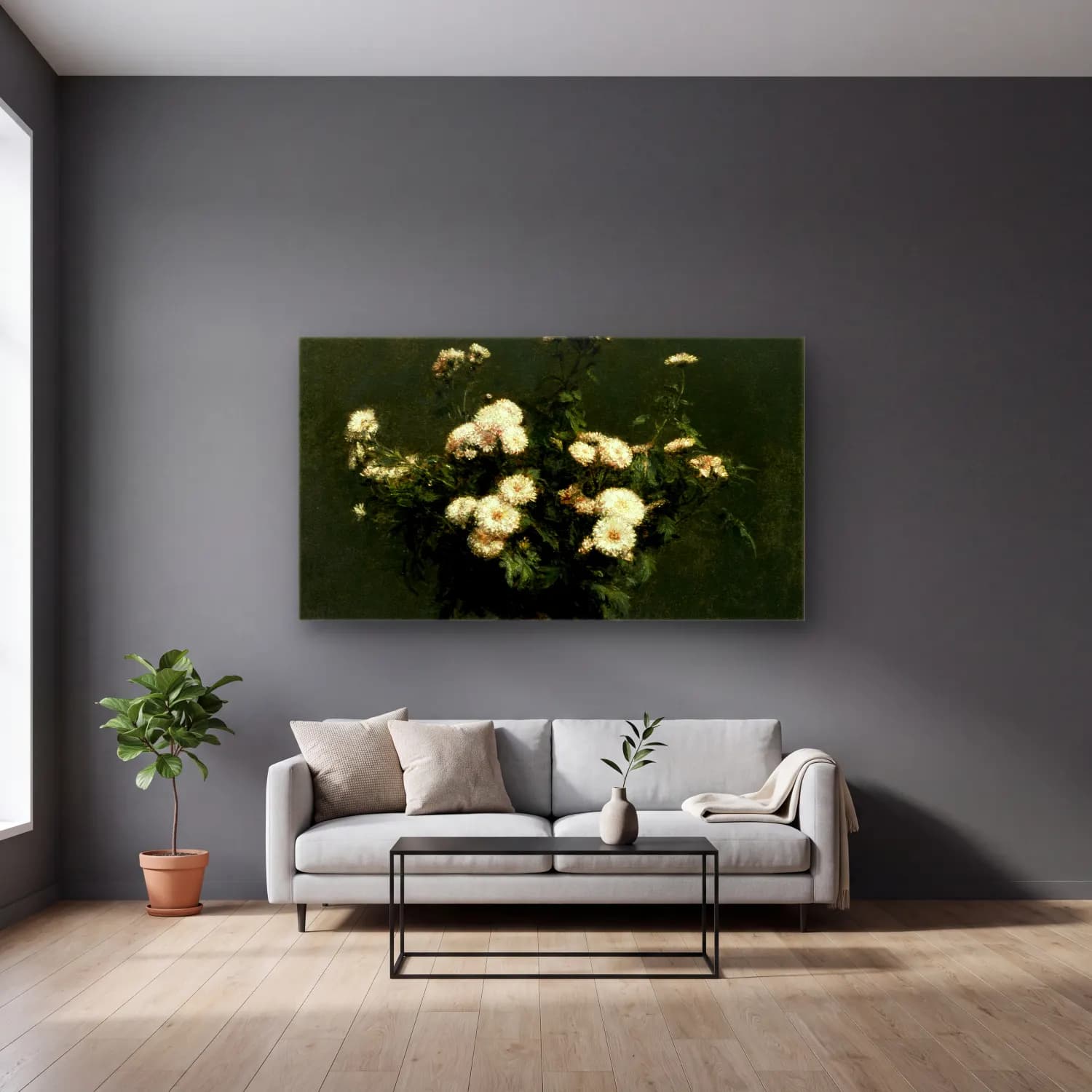Henri Fantin-Latour – Vase of Chrysanthemums cam tablo — gri duvarlı salonda