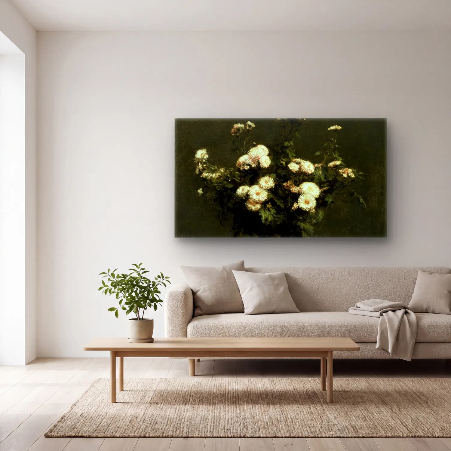 Henri Fantin-Latour – Vase of Chrysanthemums cam tablo — açık renk salonda