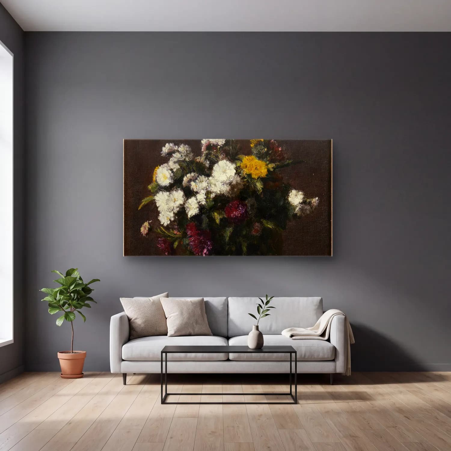 Henri Fantin-Latour – Vase of Flowers cam tablo — gri duvarlı salonda