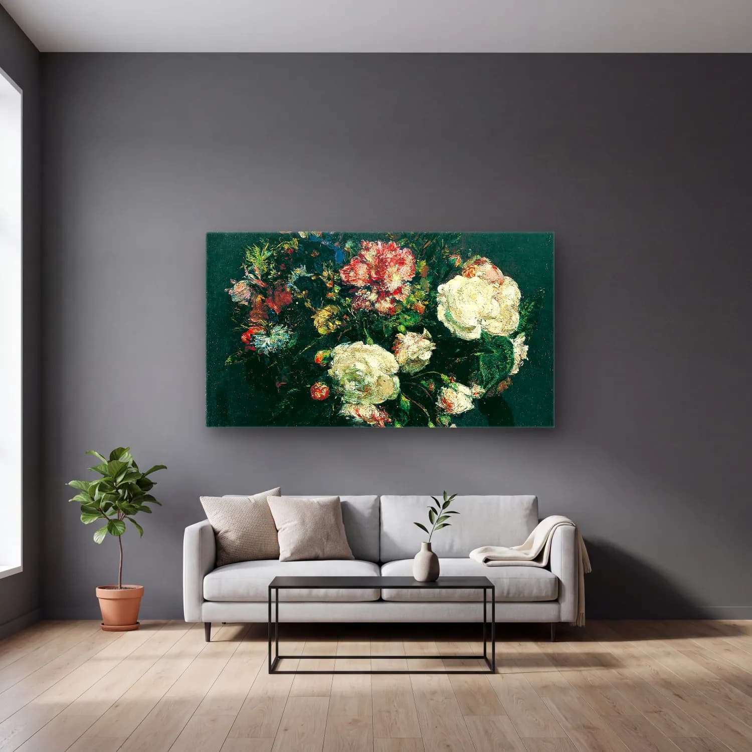 Henri Fantin-Latour – Vase of Flowers – Pastel Tonlar cam tablo — gri duvarlı salonda