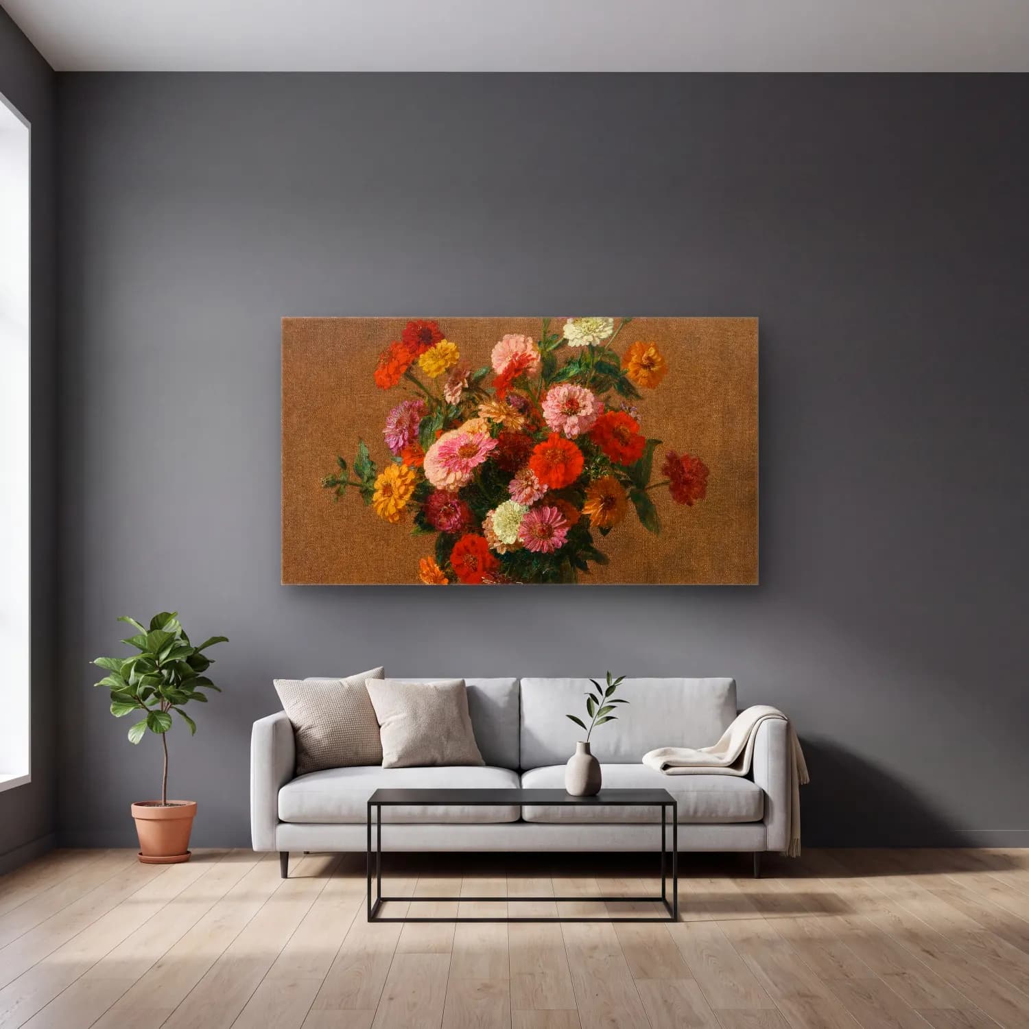Henri Fantin-Latour – Zinnias (circa 1897) cam tablo — gri duvarlı salonda