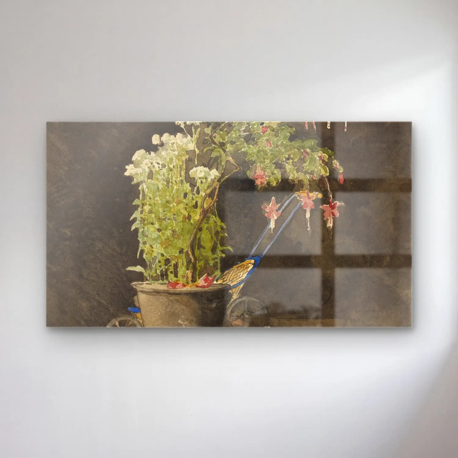 Henri-Joseph Harpignies – A Potted Fuchsia with Children’s Toys cam tablo — Henri-Joseph Harpignies – A Potted Fuchsia with Children’s Toys — suluboya çiçek bahçesi