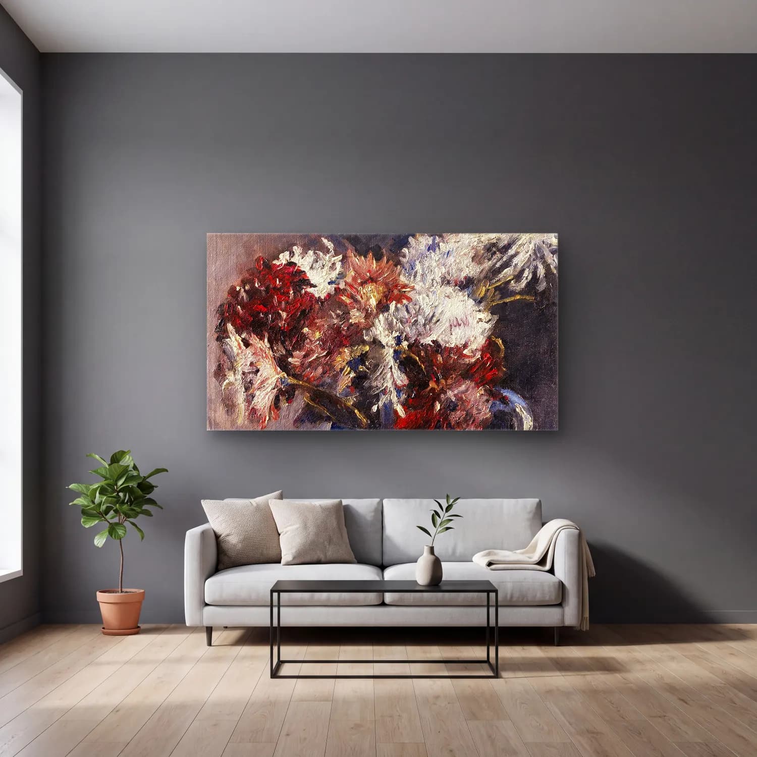 Lovis Corinth – Chrysanthemen im Krug cam tablo — gri duvarlı salonda