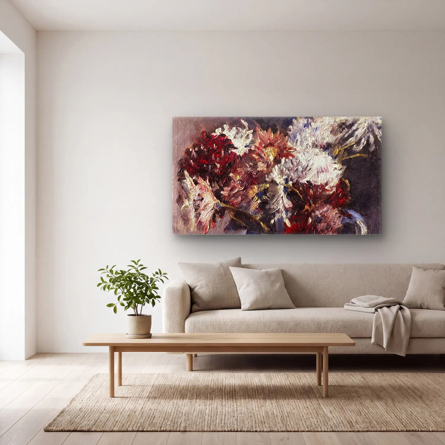 Lovis Corinth – Chrysanthemen im Krug cam tablo — açık renk salonda