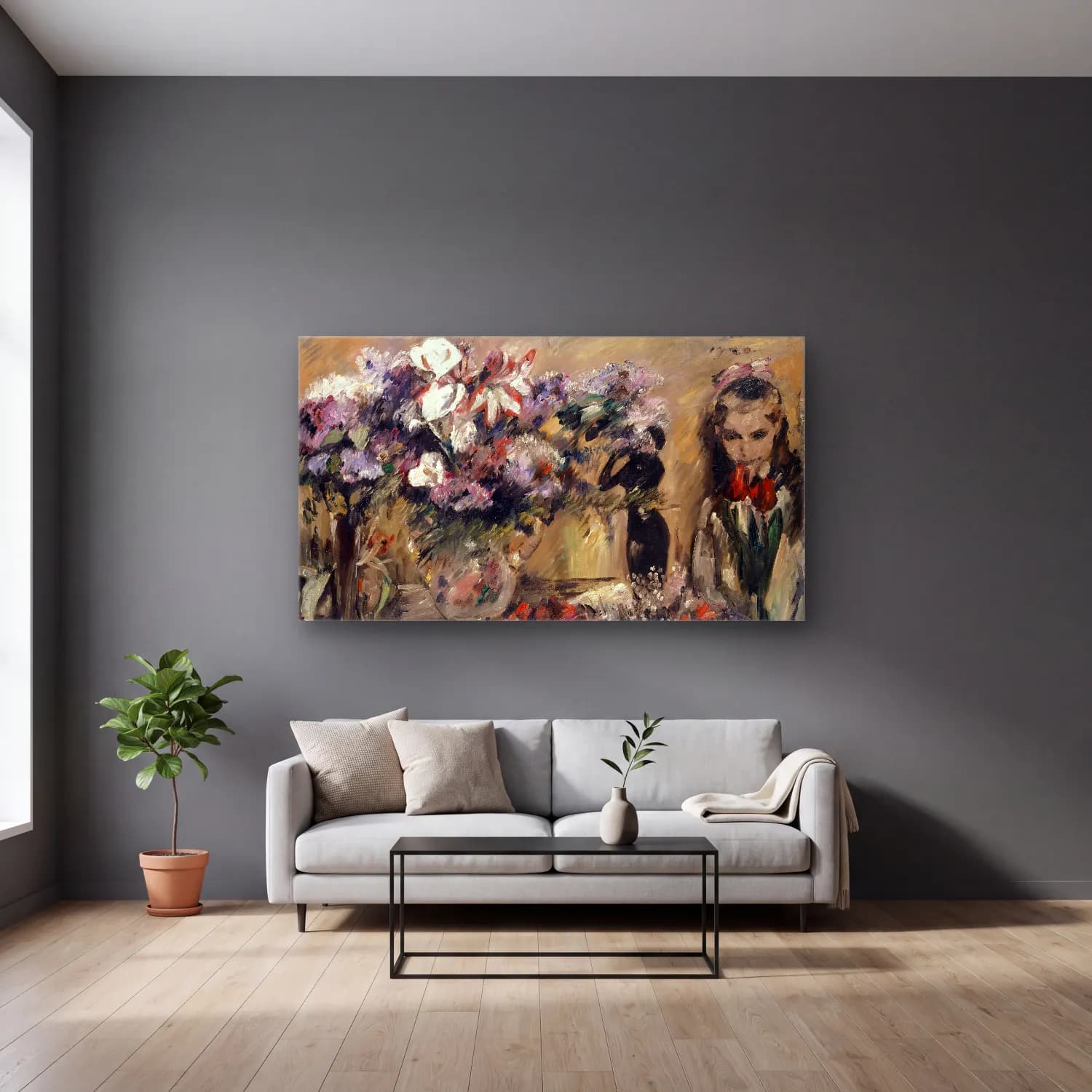 Lovis Corinth – Flowers And Daughter Wilhelmine cam tablo — gri duvarlı salonda