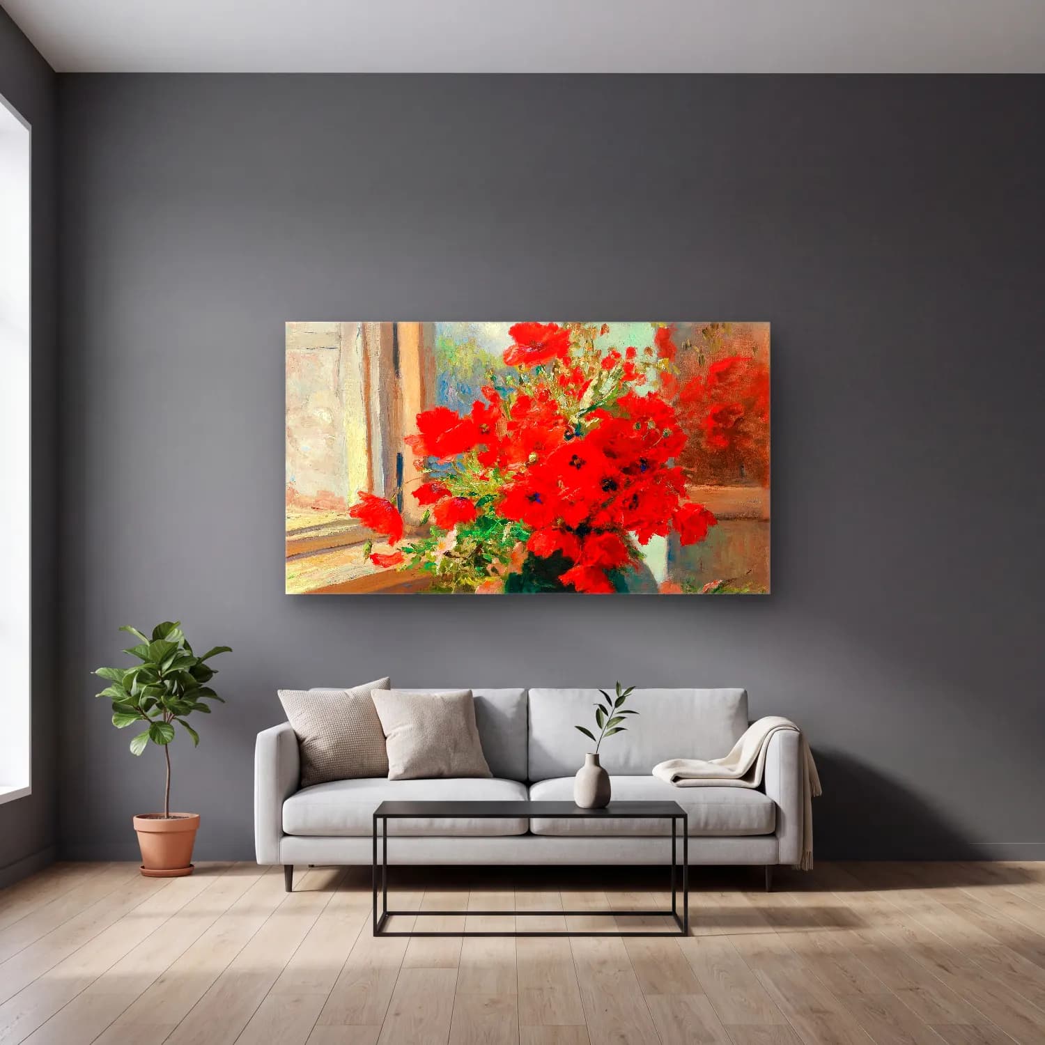 Olga Wisinger-Florian – Olga Wisinger-Florian - A bouquet of poppies by the window cam tablo — gri duvarlı salonda