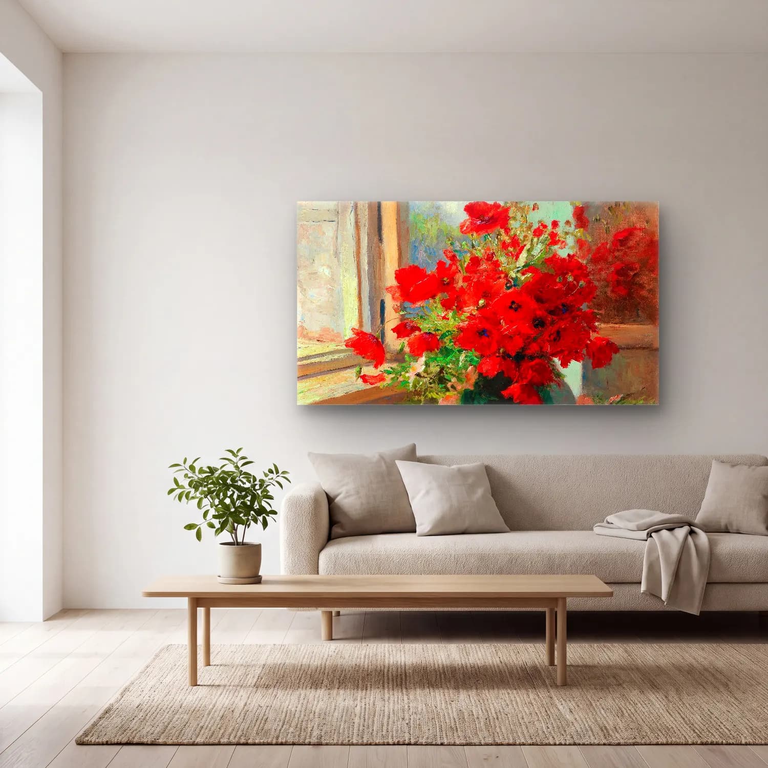 Olga Wisinger-Florian – Olga Wisinger-Florian - A bouquet of poppies by the window cam tablo — açık renk salonda