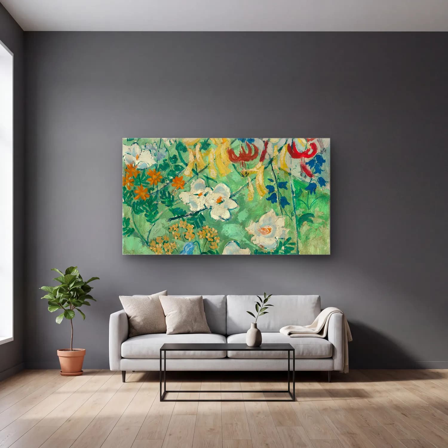 August Babberger – Blumen cam tablo — gri duvarlı salonda