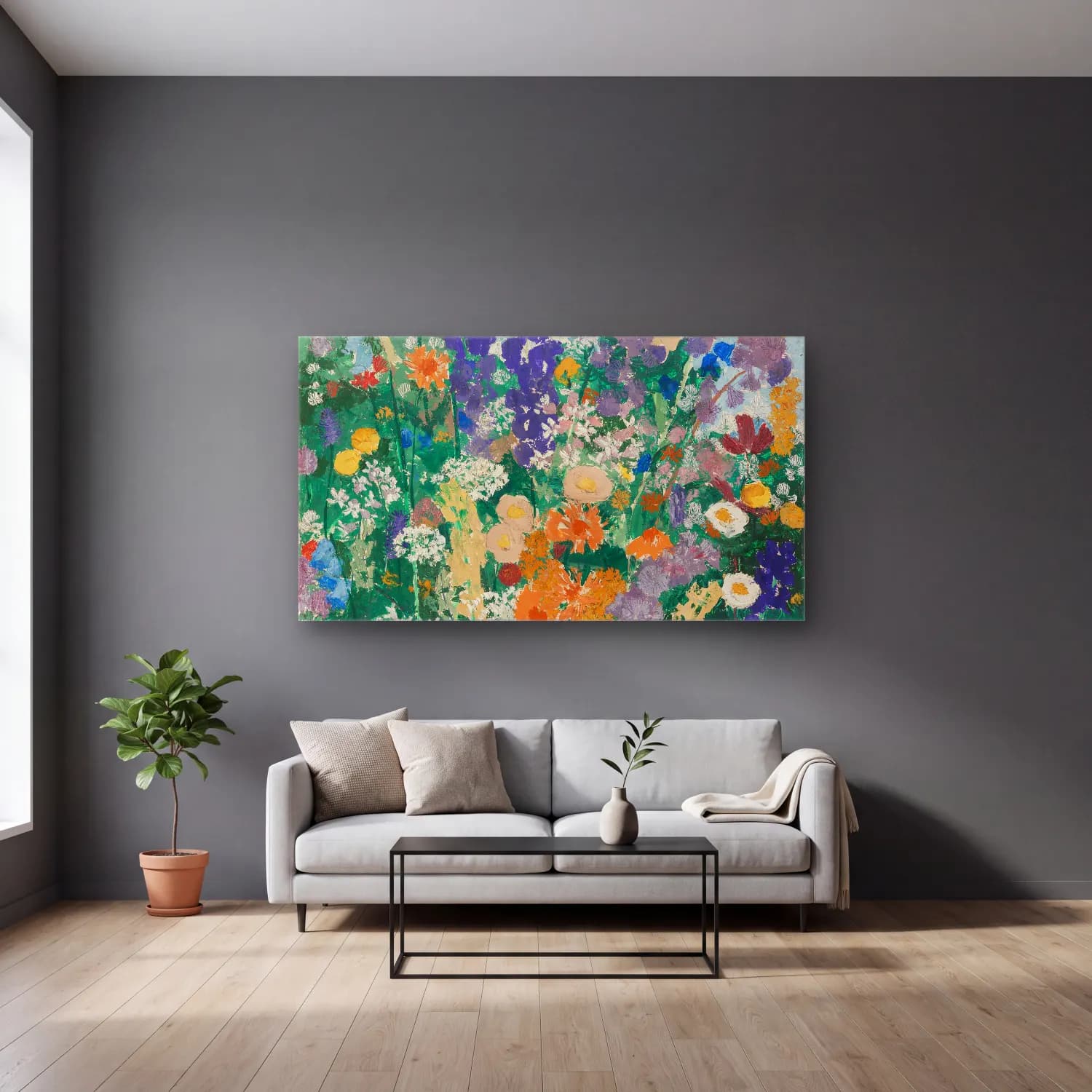 August Babberger – Blumen am Berg cam tablo — gri duvarlı salonda