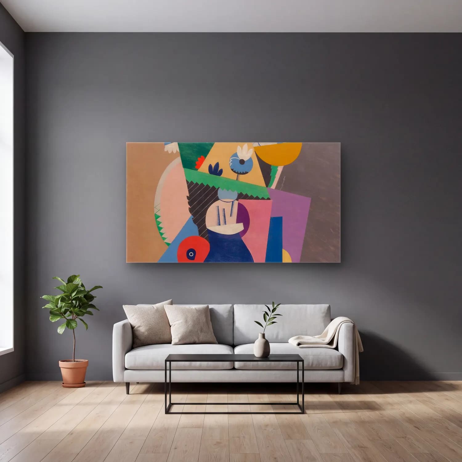 Georges Valmier – Pot de fleurs cam tablo — gri duvarlı salonda