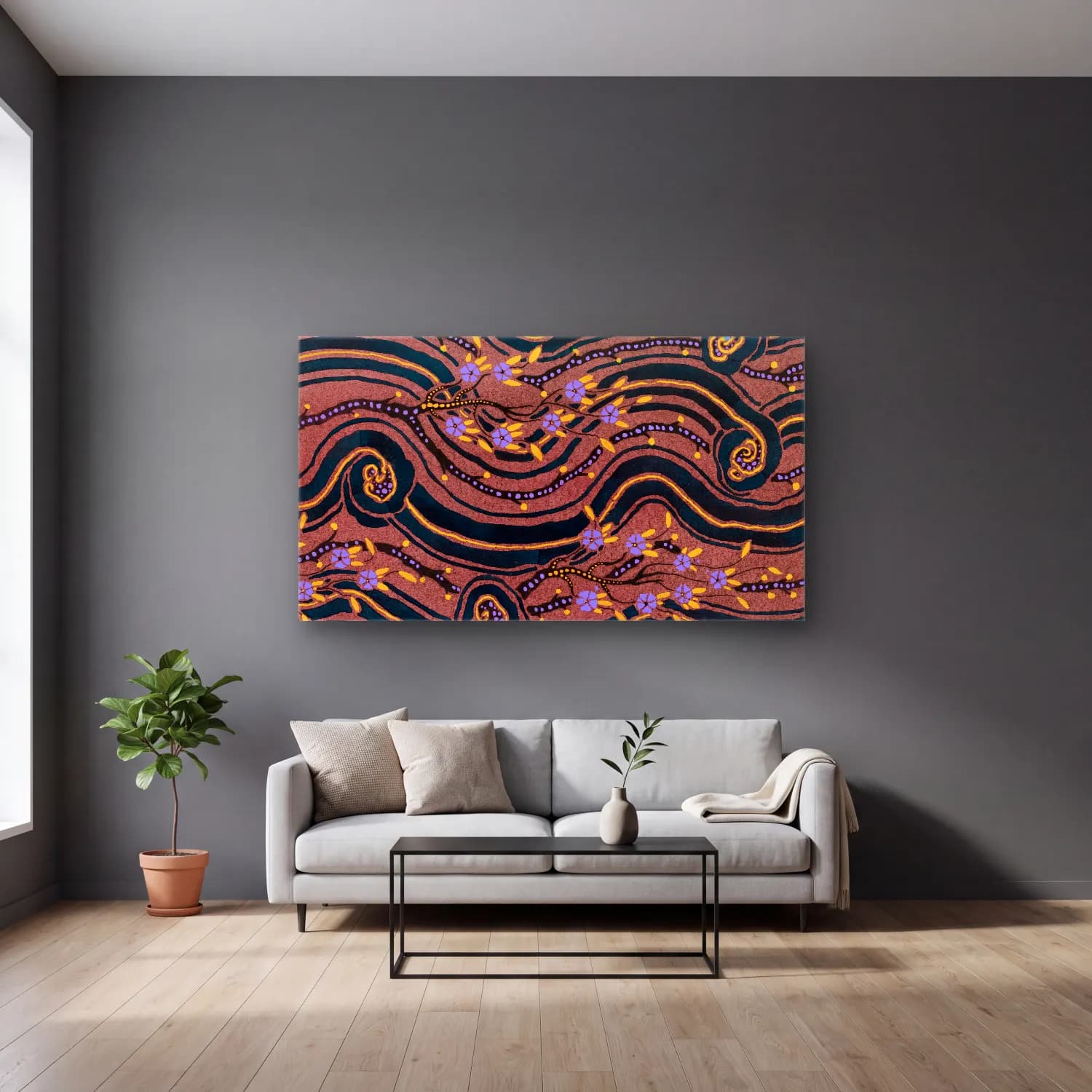 E.A. Séguy – Art Deco Flower pattern pochoir print in oriental style – Mor Tonlar cam tablo — gri duvarlı salonda