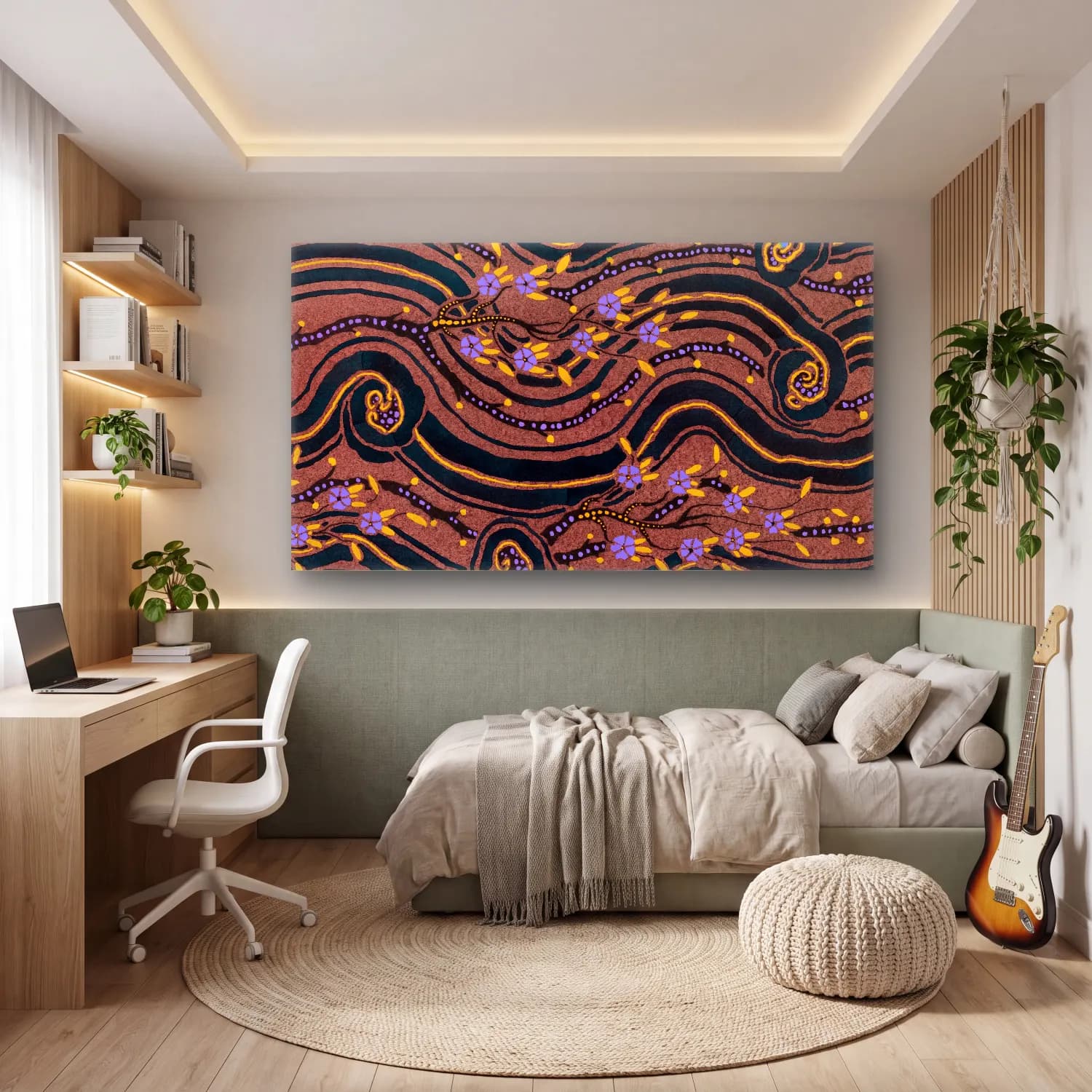 E.A. Séguy – Art Deco Flower pattern pochoir print in oriental style – Mor Tonlar cam tablo — genç odasında