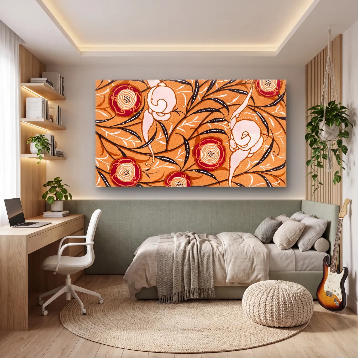 E.A. Séguy – Art Nouveau Flower pattern stencil print in oriental style cam tablo — genç odasında