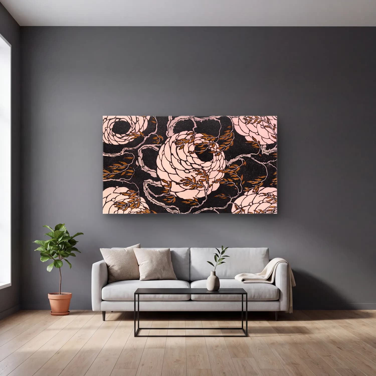 E.A. Séguy – Flower pattern Art Deco stencil print in oriental style cam tablo — gri duvarlı salonda
