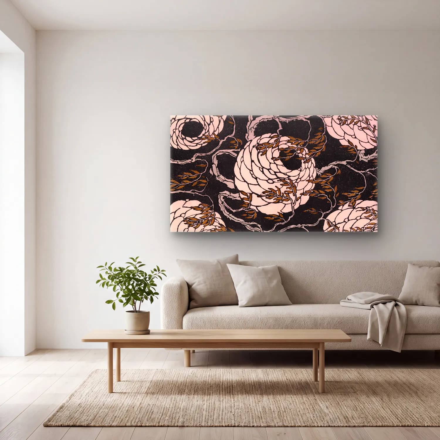 E.A. Séguy – Flower pattern Art Deco stencil print in oriental style cam tablo — açık renk salonda