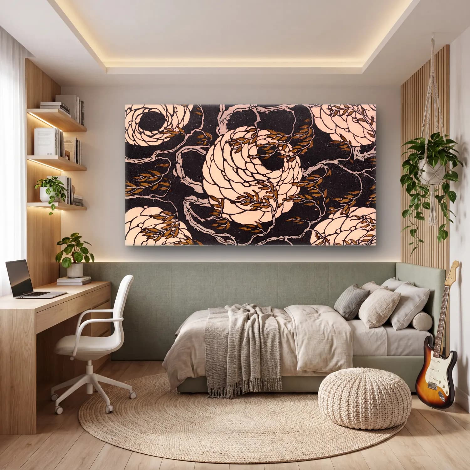 E.A. Séguy – Flower pattern Art Deco stencil print in oriental style cam tablo — genç odasında