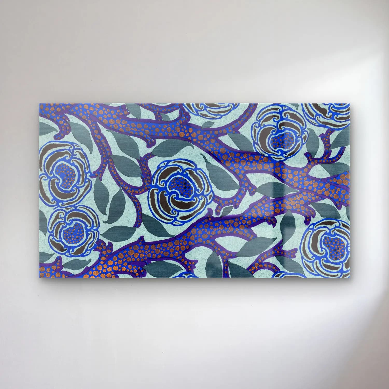 E.A. Séguy – Flower pattern Art Deco stencil print in oriental style – Mavi Tonlar cam tablo — E.A. Séguy – Flower pattern Art Deco stencil print in oriental style – Mavi Tonlar — boho çiçek deseni