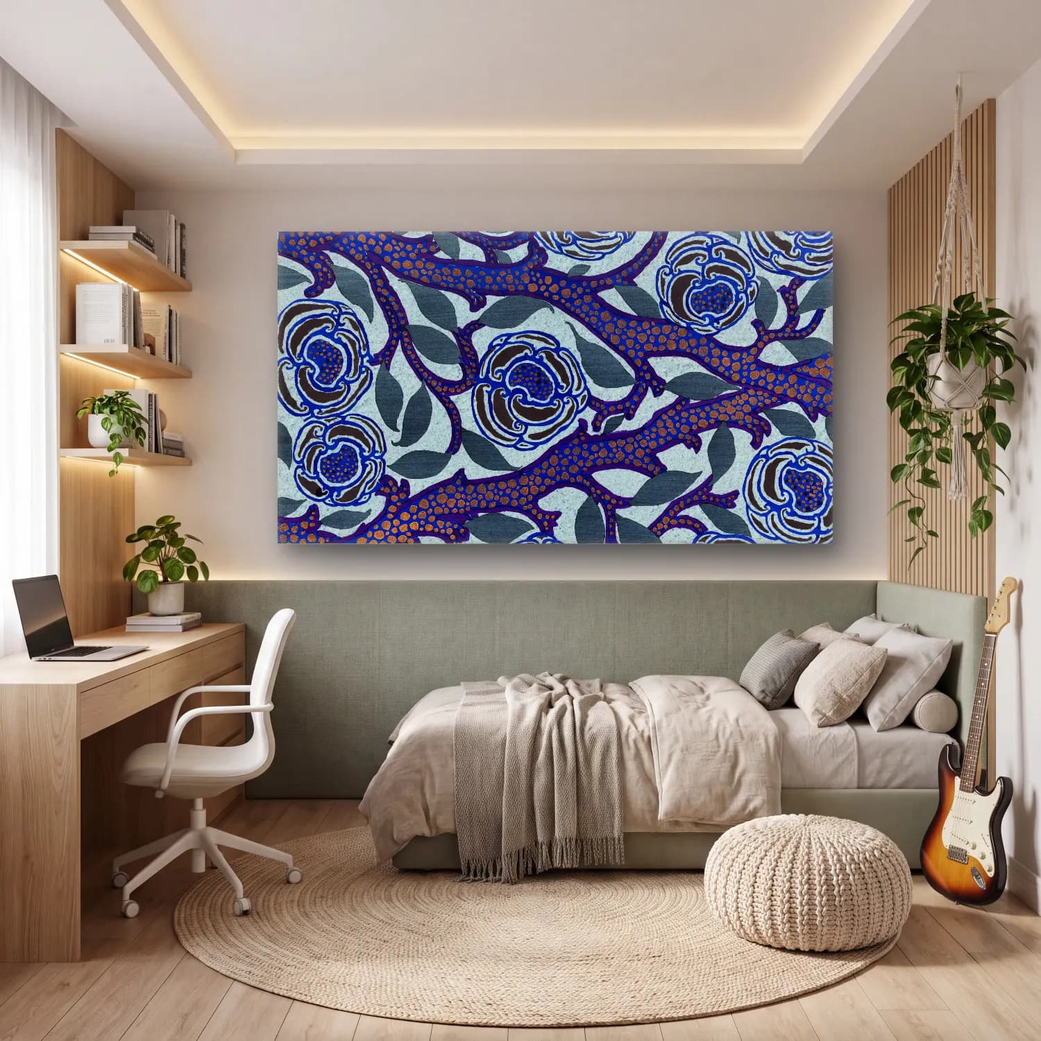 E.A. Séguy – Flower pattern Art Deco stencil print in oriental style – Mavi Tonlar cam tablo — genç odasında