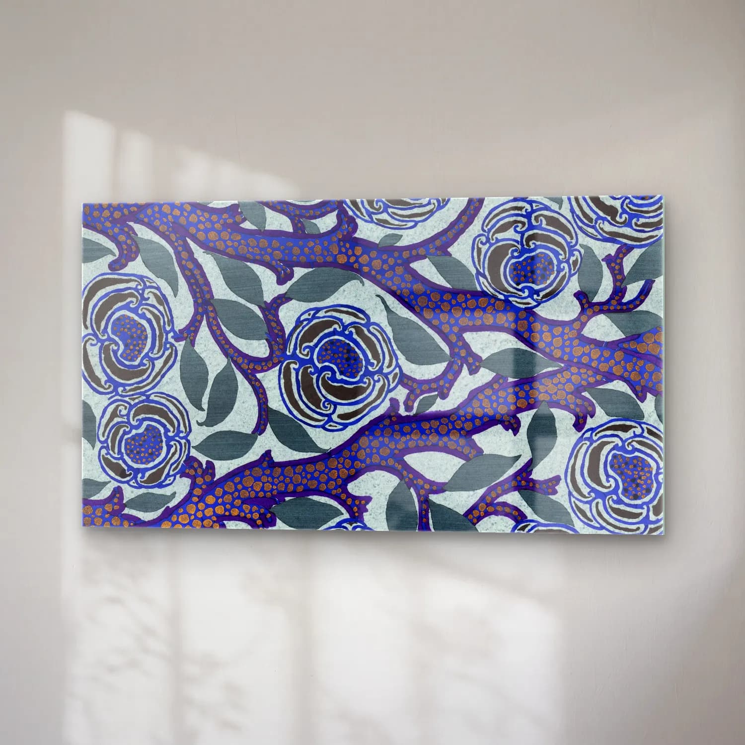 E.A. Séguy – Flower pattern Art Deco stencil print in oriental style – Mavi Tonlar cam tablo — sağ açıdan görünüm